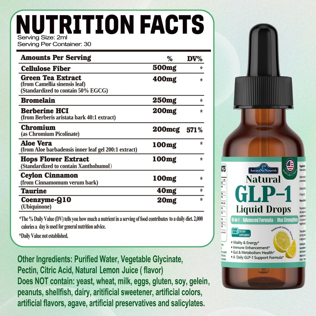 2 Pack GLP-1 Supplement Liquid Drops, 10-in-1 Formula with Berberine, Ceylon Cinnamon, Prebiotic Fiber & Green Tea Extract | Supports Healthy Metabolism, Digestive & Gut Health丨Vegan, Non-GMO