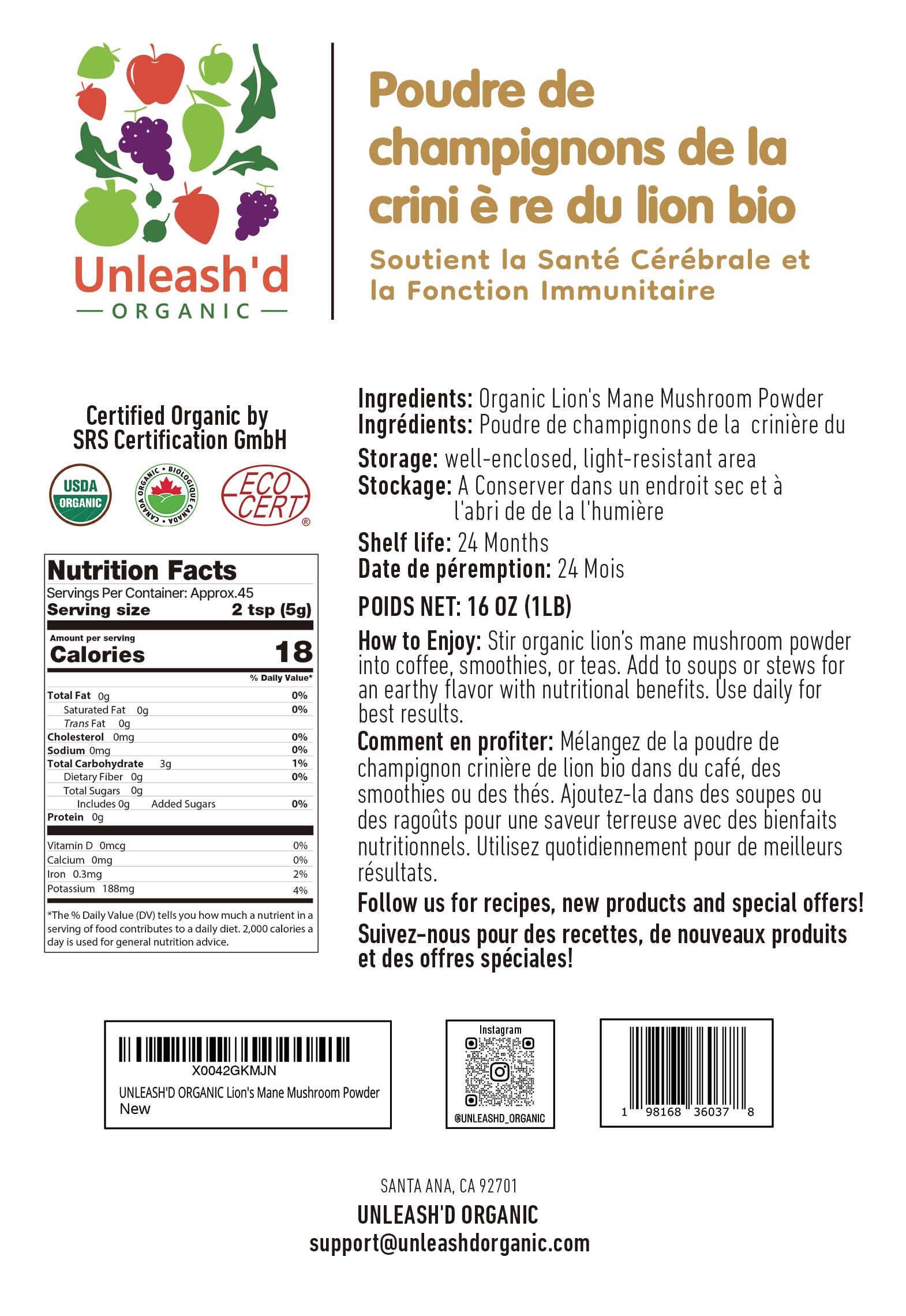 UNLEASH'D ORGANIC Lion's Mane Mushroom Powder 16 oz – Pure, Natural Antioxidant & Polysaccharide-Rich Superfood