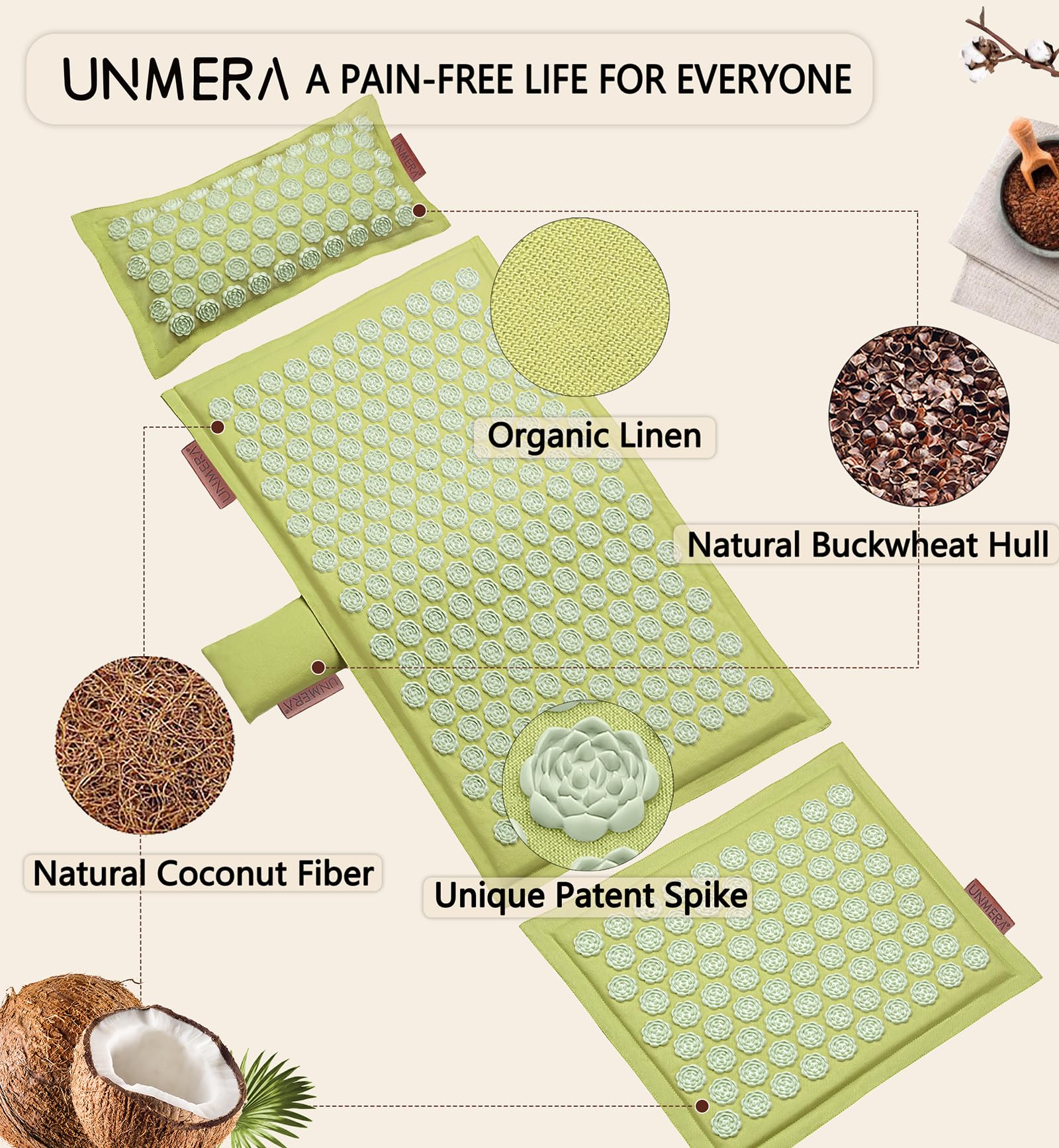 UNMERA Acupressure Mat & Pillow Set – Natural Linen & Coconut Fiber