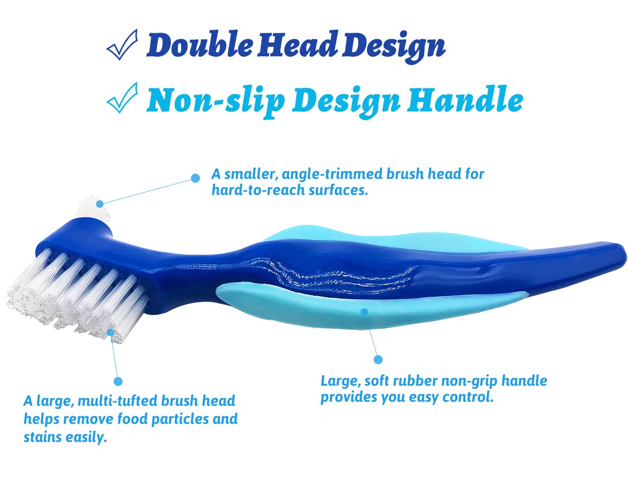Uouovo Premium Hard Denture Brush - Double-Sided, Multi-Layer Bristles (4 Pack)