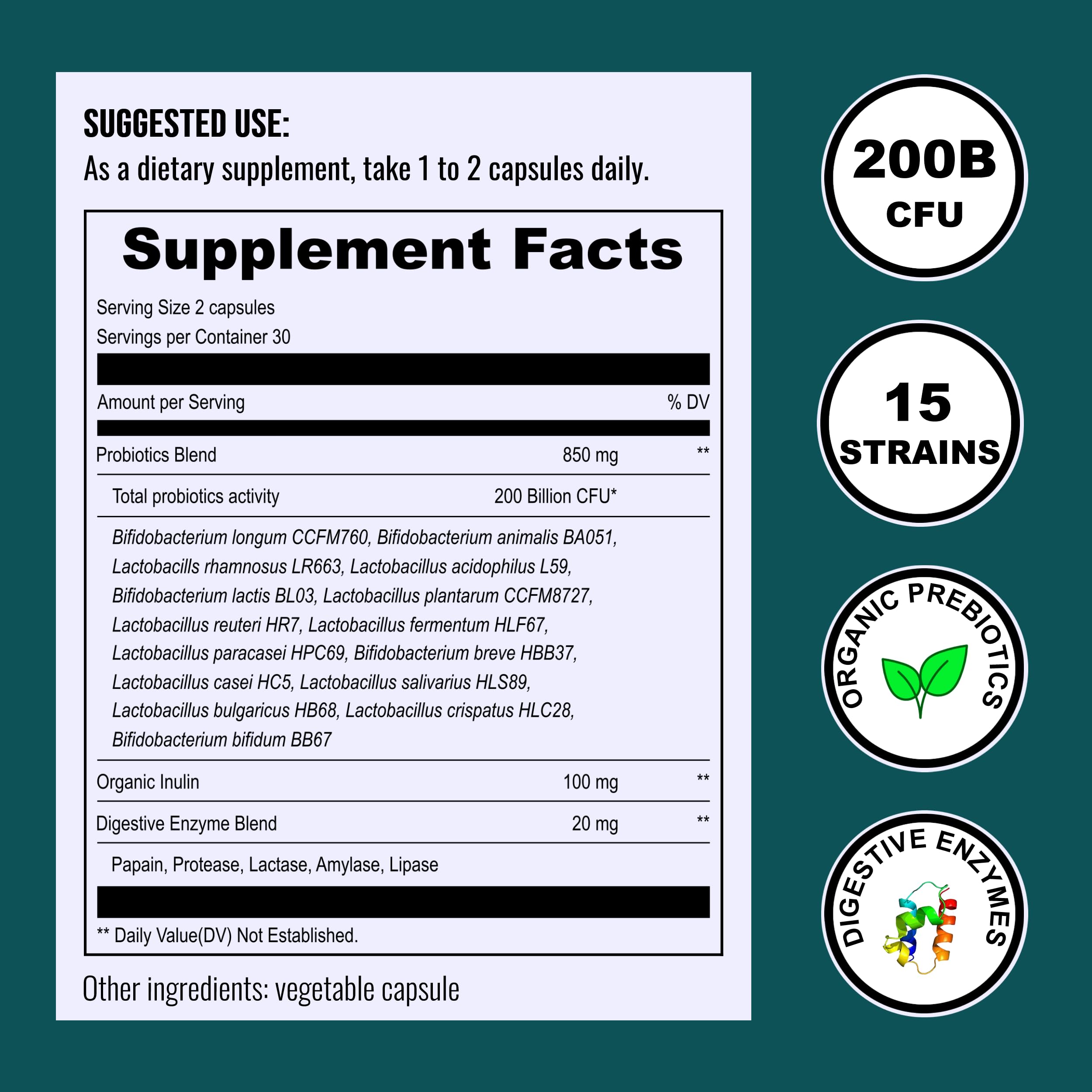UpNourish Probiotics - 200 Billion CFUs for Men and Women, 15 Clinically Studied Strains, Prebiotics & Enzymes - 60 Vegan Capsules