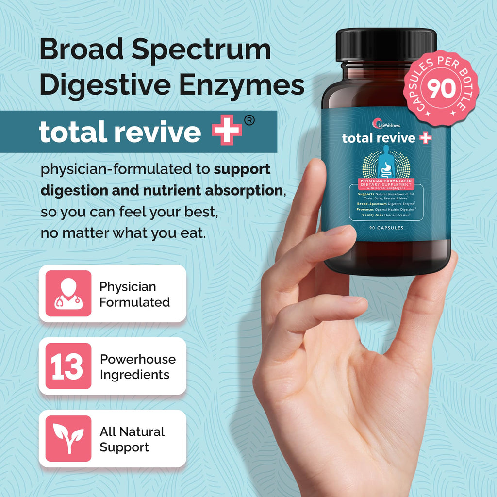 UpWellness Total Revive+ Digestive Enzymes | Broad-Spectrum Digestive Health | 90 Capsules