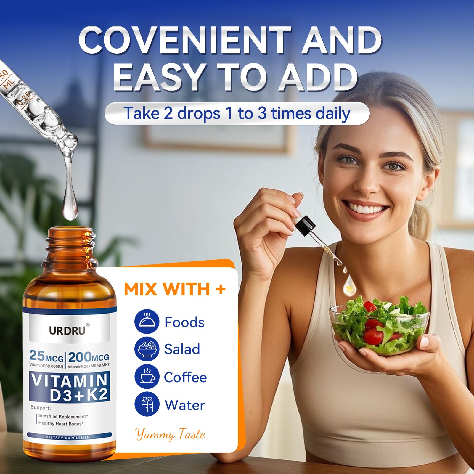URDRU (2 Pack) Vitamin D3 K2 Liquid Drops – 2 Fl Oz | 1,000 IU D3 & 200 mcg K2 for Immune & Bone Health