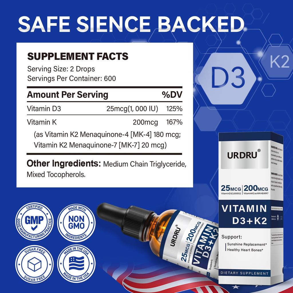 URDRU (2 Pack) Vitamin D3 K2 Liquid Drops – 2 Fl Oz | 1,000 IU D3 & 200 mcg K2 for Immune & Bone Health