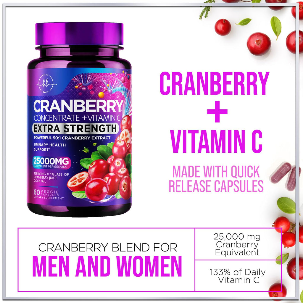 Cranberry Pills 25,000mg 3X Strength with Vitamin C | Sugar-Free, 60 Capsules