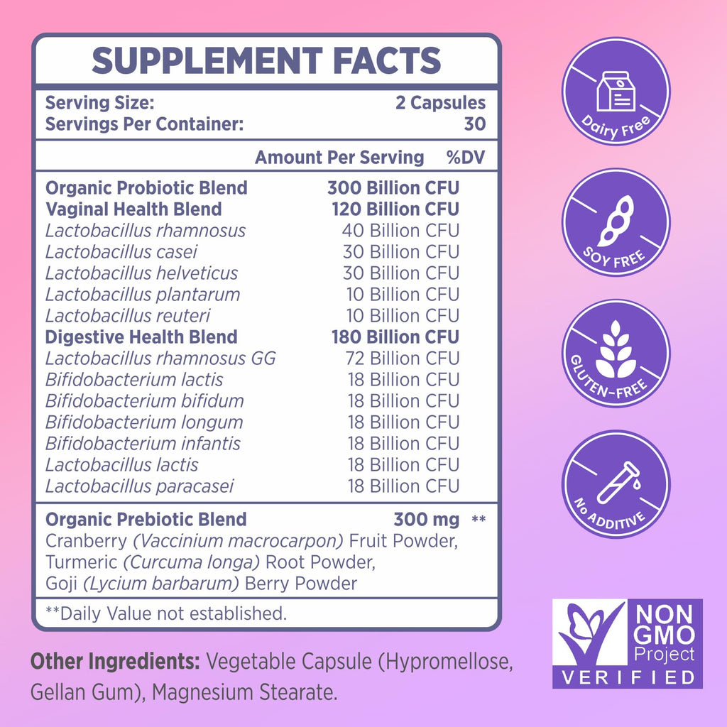Vaginal Probiotics for Women – 300B CFUs, 12 Strains, 60 Capsules