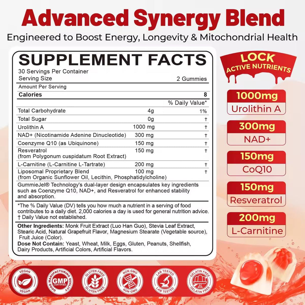 Urolithin A Gummies - 1000mg Liposomal, Longevity, Energy (Vegan)