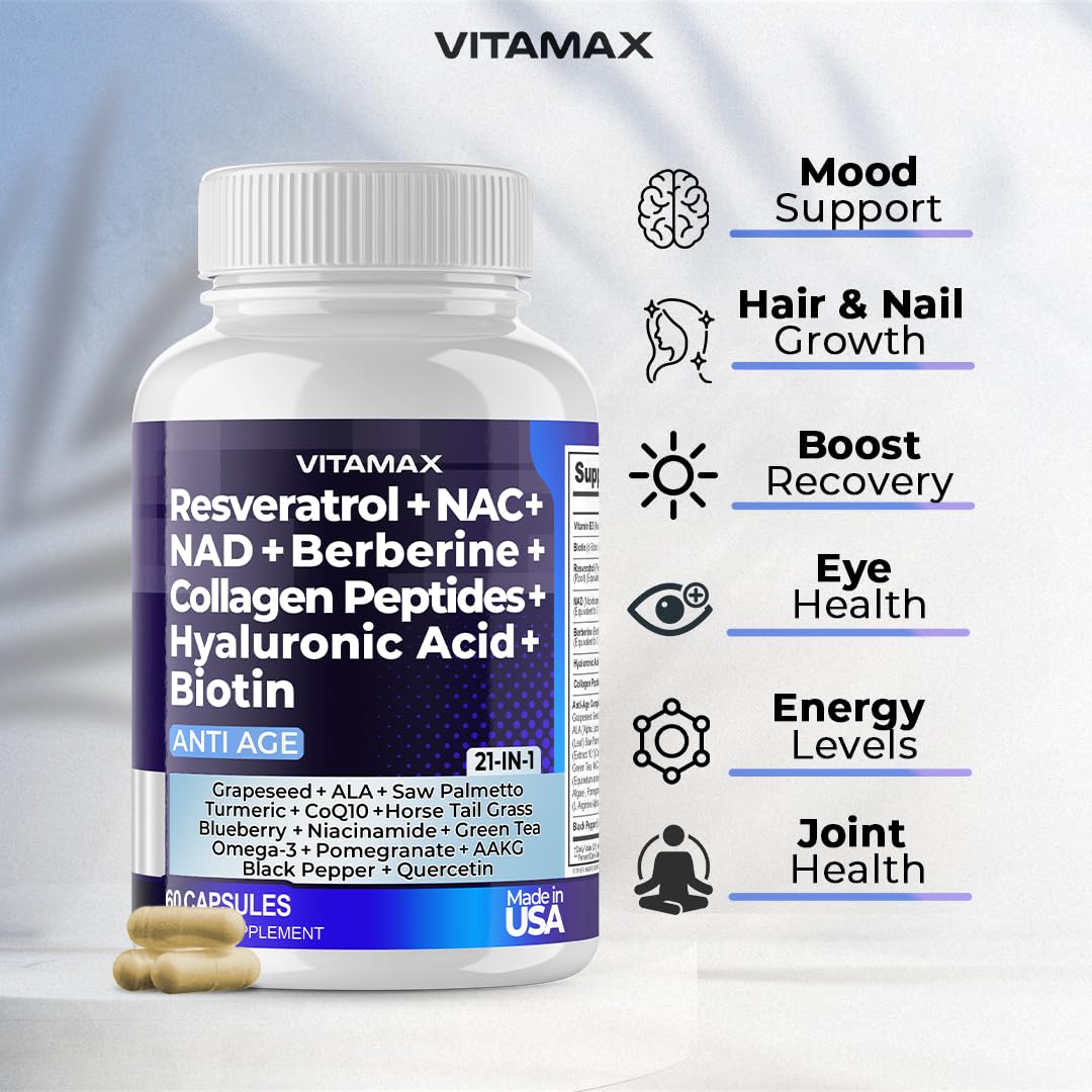 Resveratrol NAD+ Berberine Hyaluronic Acid 21-in-1 Hair, Skin, Nail & Joint Supplement – Made in USA (60 Count)