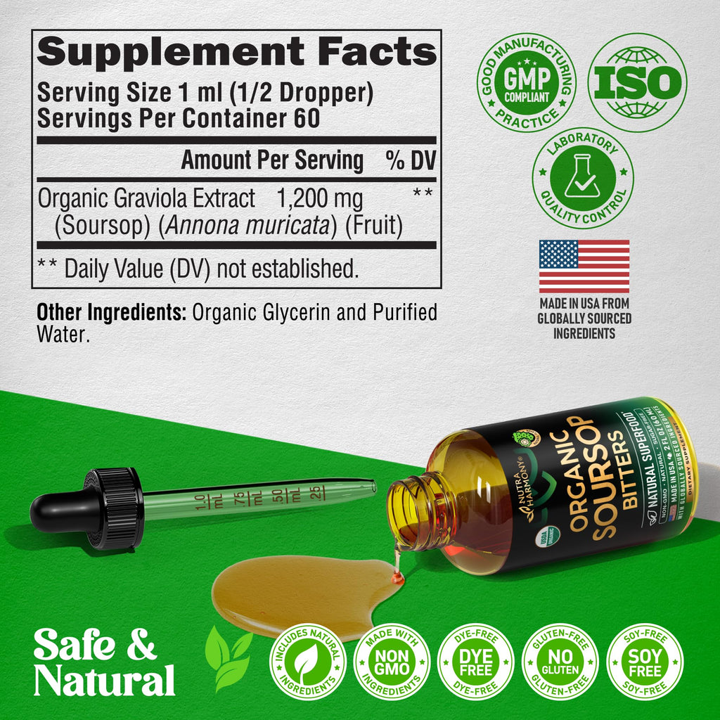 USDA Organic Graviola Soursop Bitters Liquid – Digestive Detox & Immune Support | 2 Fl Oz | Made in USA