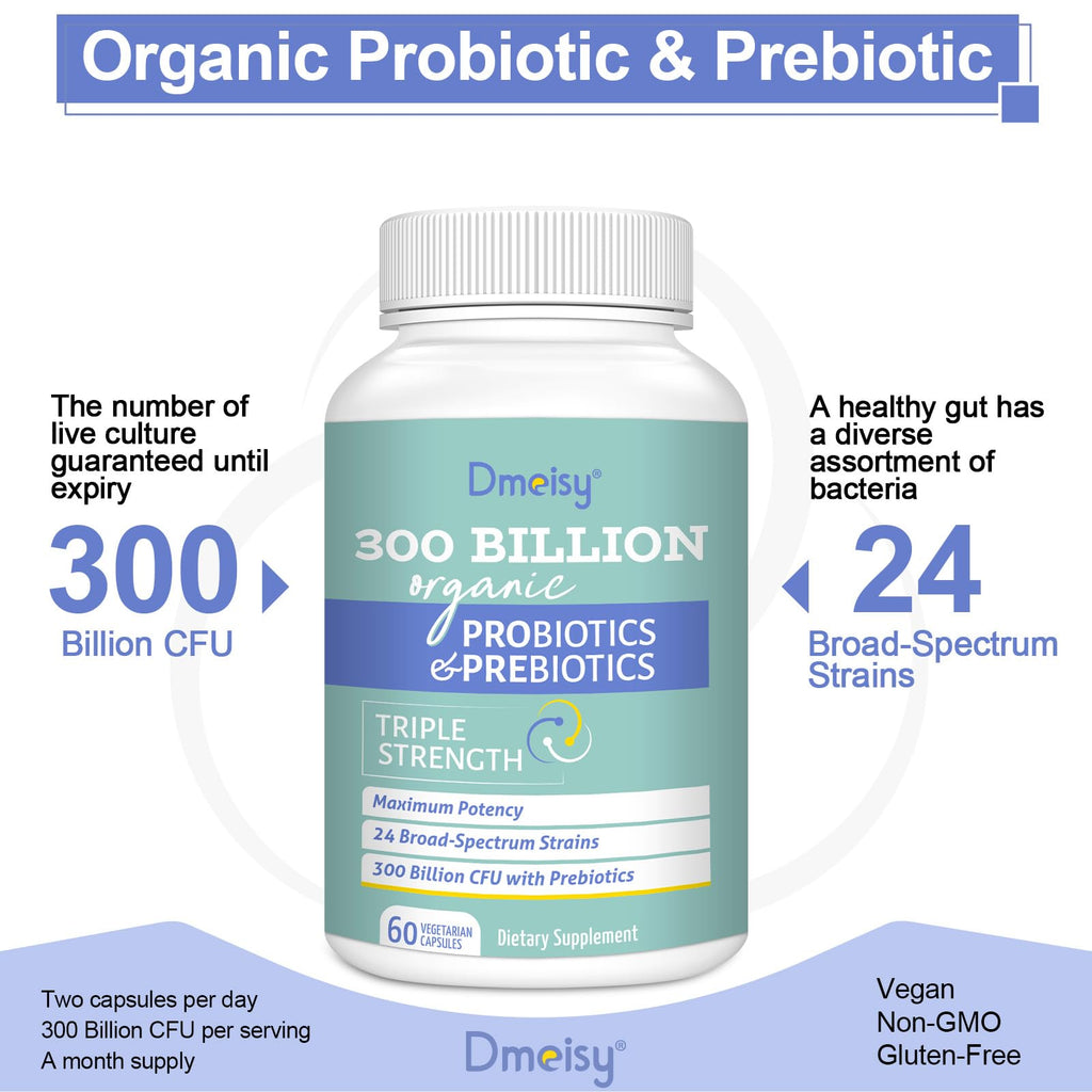 Probiotics for Women and Men - 300 Billion CFU, 24 Strains, 15 Organic Herbs + Prebiotics - Shelf-Stable Gut Health Supplement (8 Month Supply)