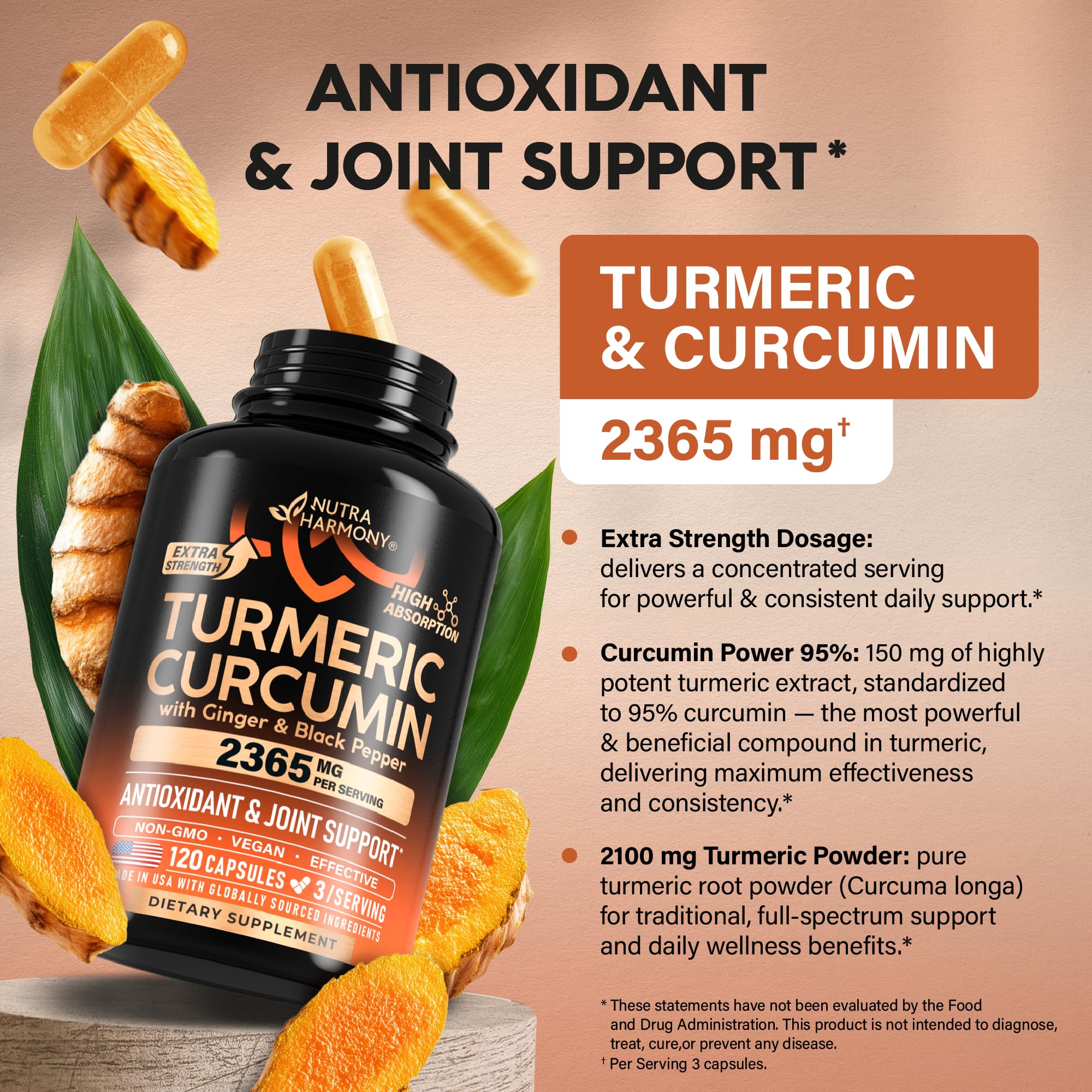 Turmeric Curcumin 2365mg with Ginger & Black Pepper – 120 Capsules – Made in USA