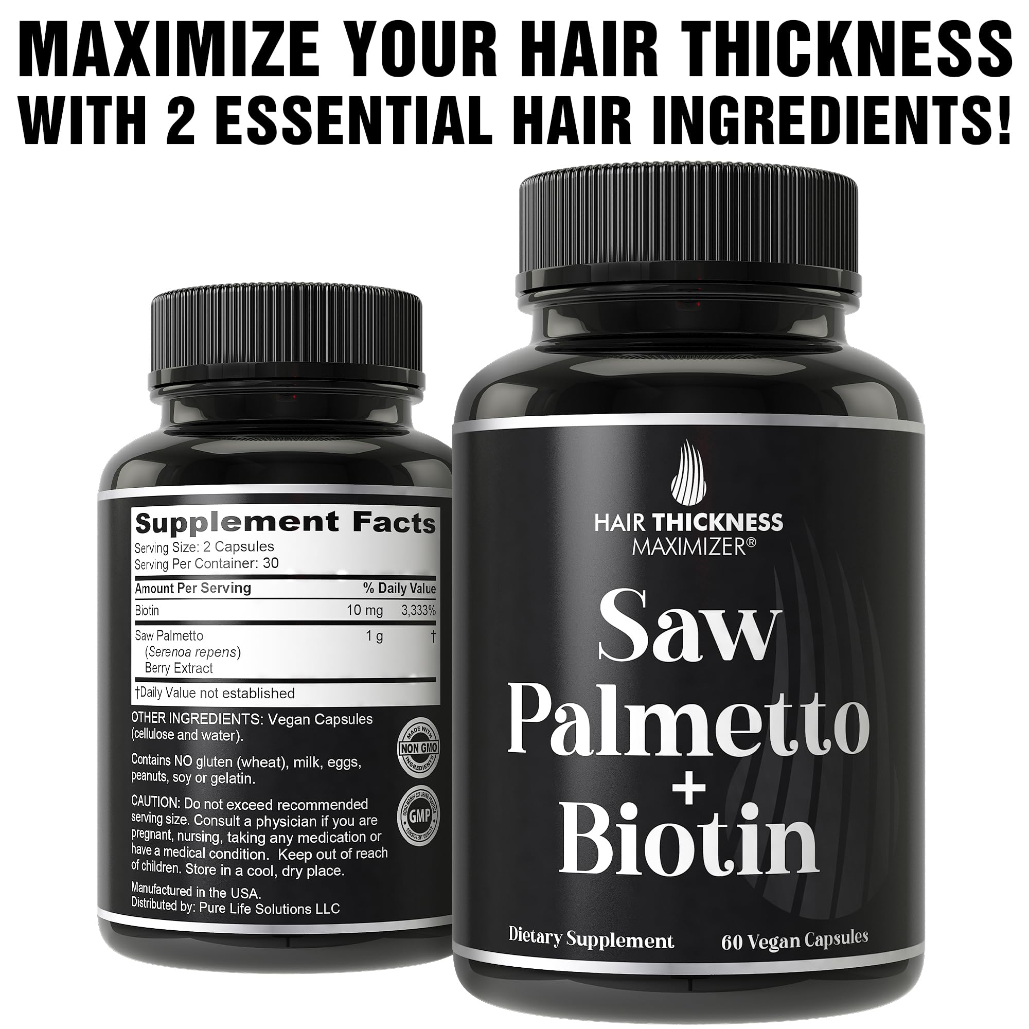 Saw Palmetto + Biotin 2-in-1 Hair Growth - Vegan, 10000 mcg Biotin, DHT Blocker