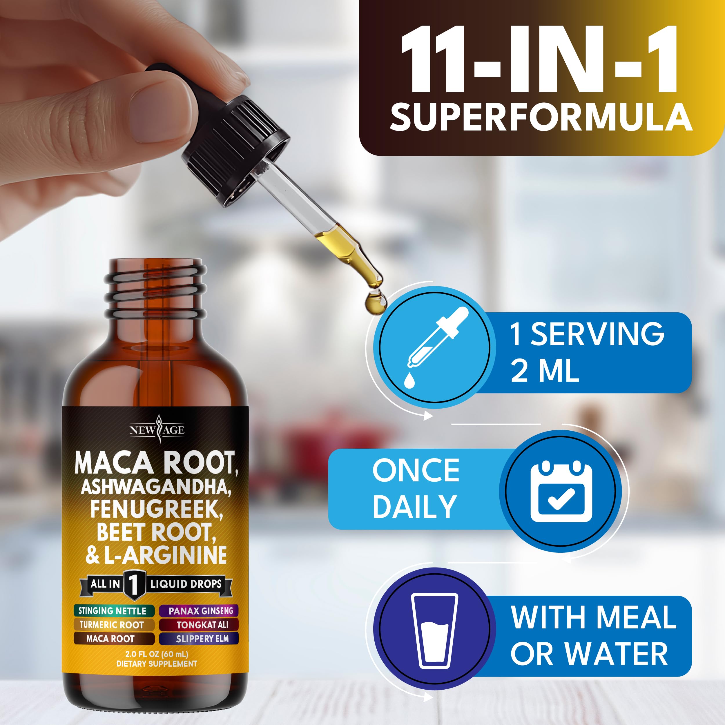 NEW AGE Organic Maca Root Liquid Drops with Ashwagandha, Nettle, Fenugreek, Beet Root & L-Arginine – 8oz