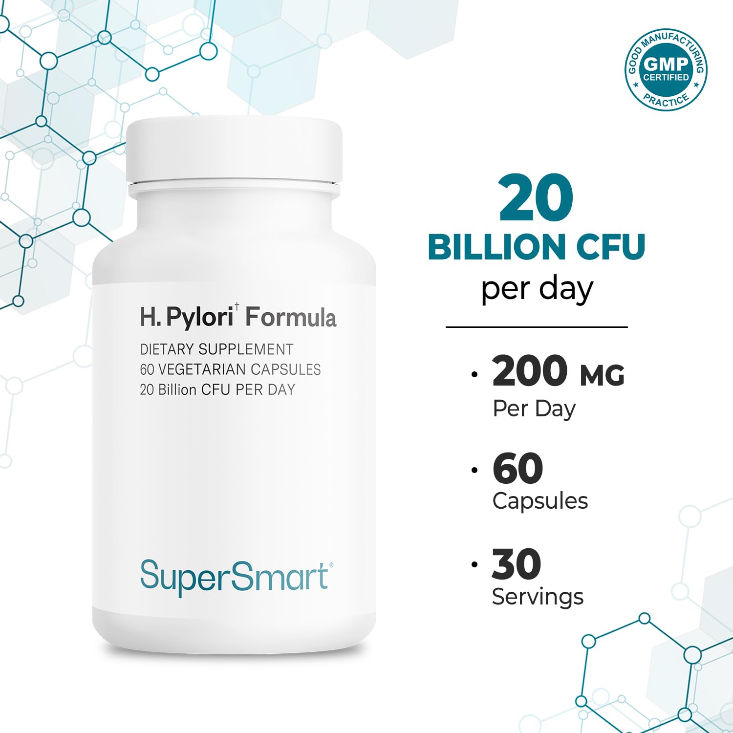 Supersmart H. Pylori Formula – 20 Billion CFU Daily Probiotic (Pylopass DSM17648)