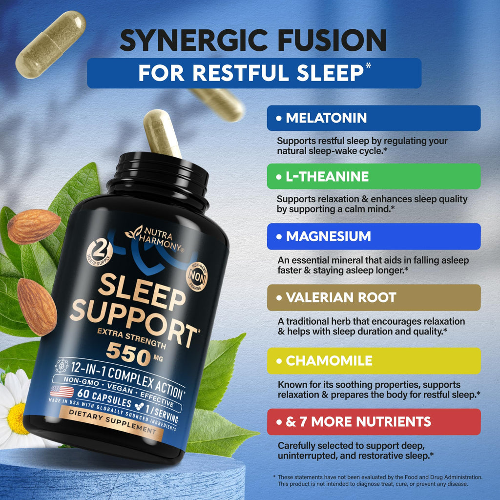 Sleeping Pills for Adults 550mg | Melatonin 3mg | Non-Habit Sleep Support - Made in USA
