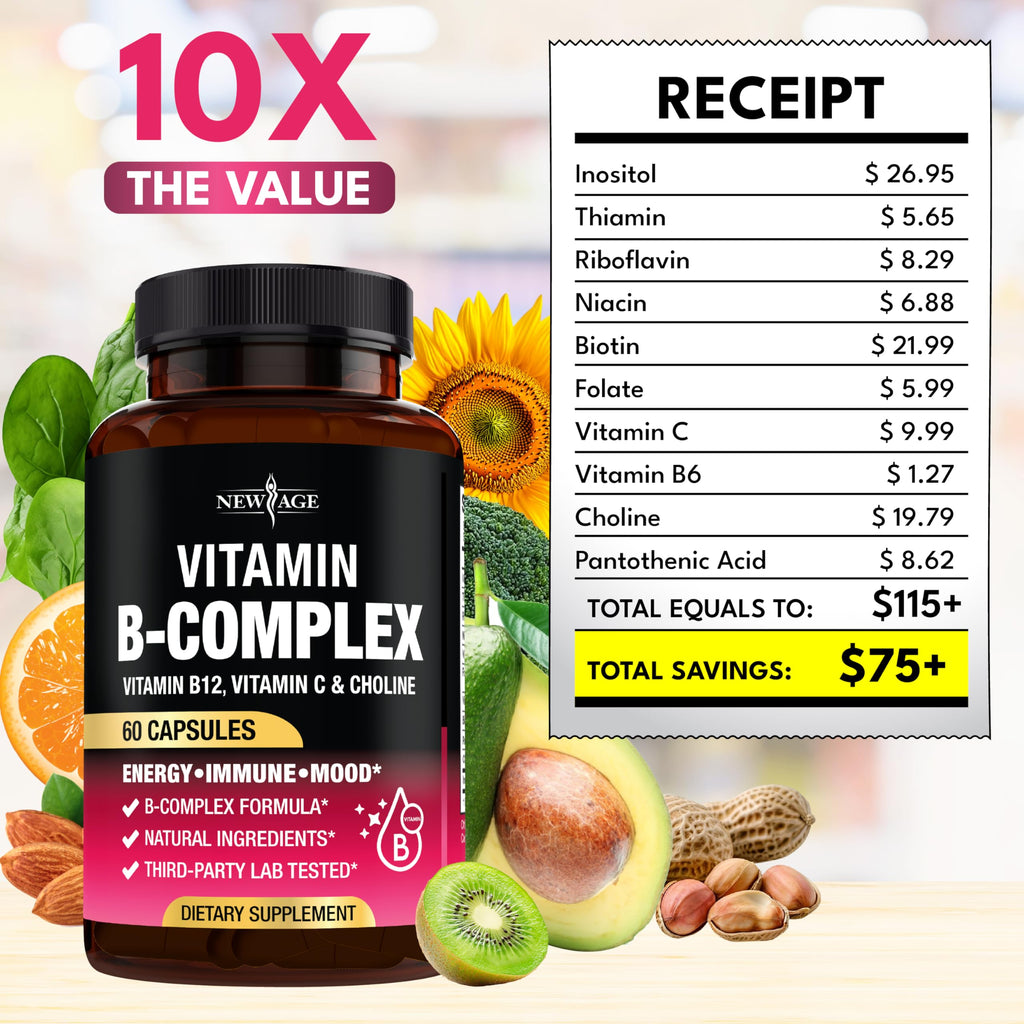 Vitamin B Complex for Men & Women – Made in USA | B-Complex with B1–B12, Vitamin C, Choline & Inositol – 60 Vegan Capsules
