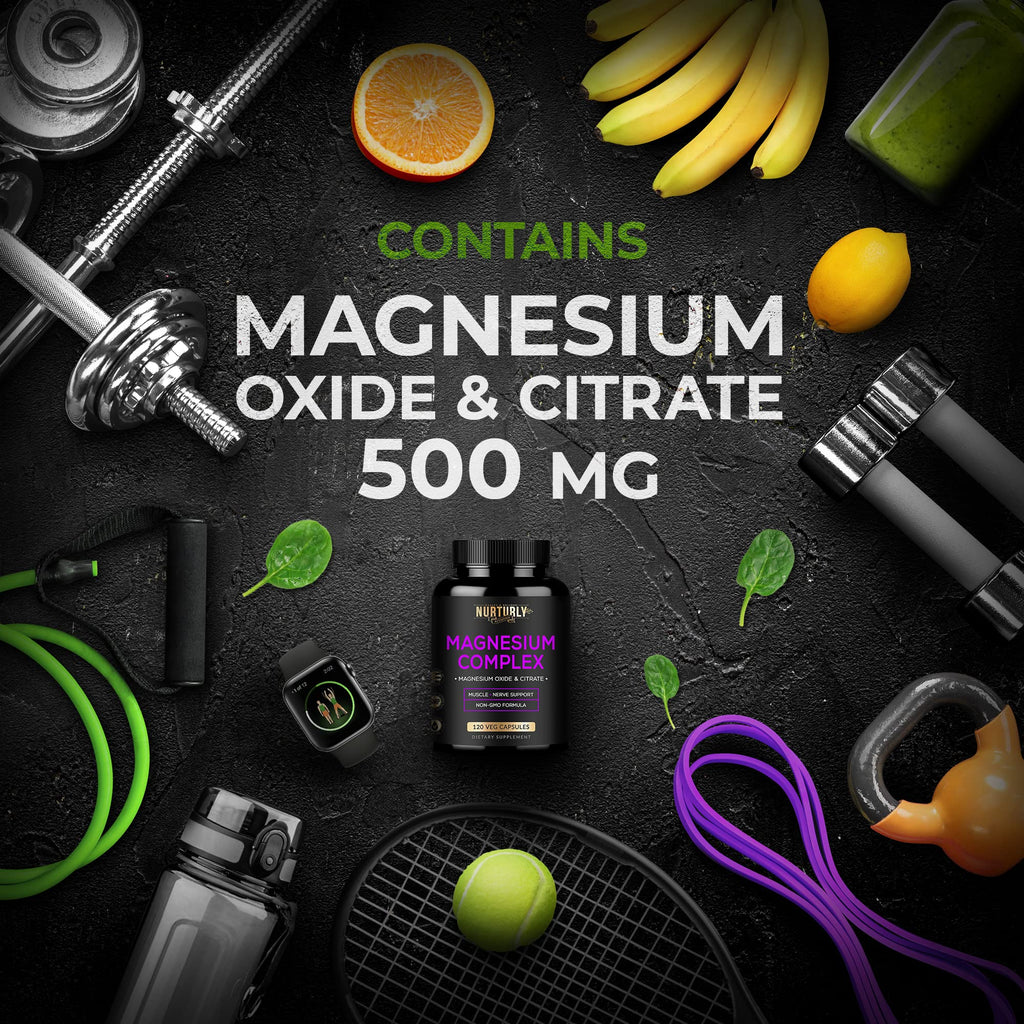 Nurturly Magnesium Citrate & Oxide 500mg Complex – High Absorption, 240 Vegan Capsules