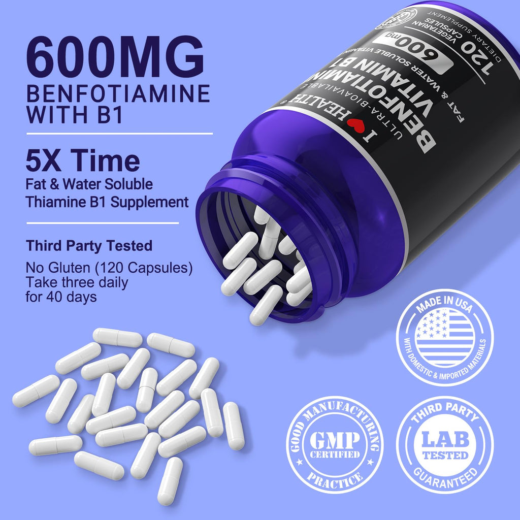 Benfotiamine 600mg + 20mg Vitamin B1 – 120 Veggie Capsules | Made in USA | 3rd-Party Tested