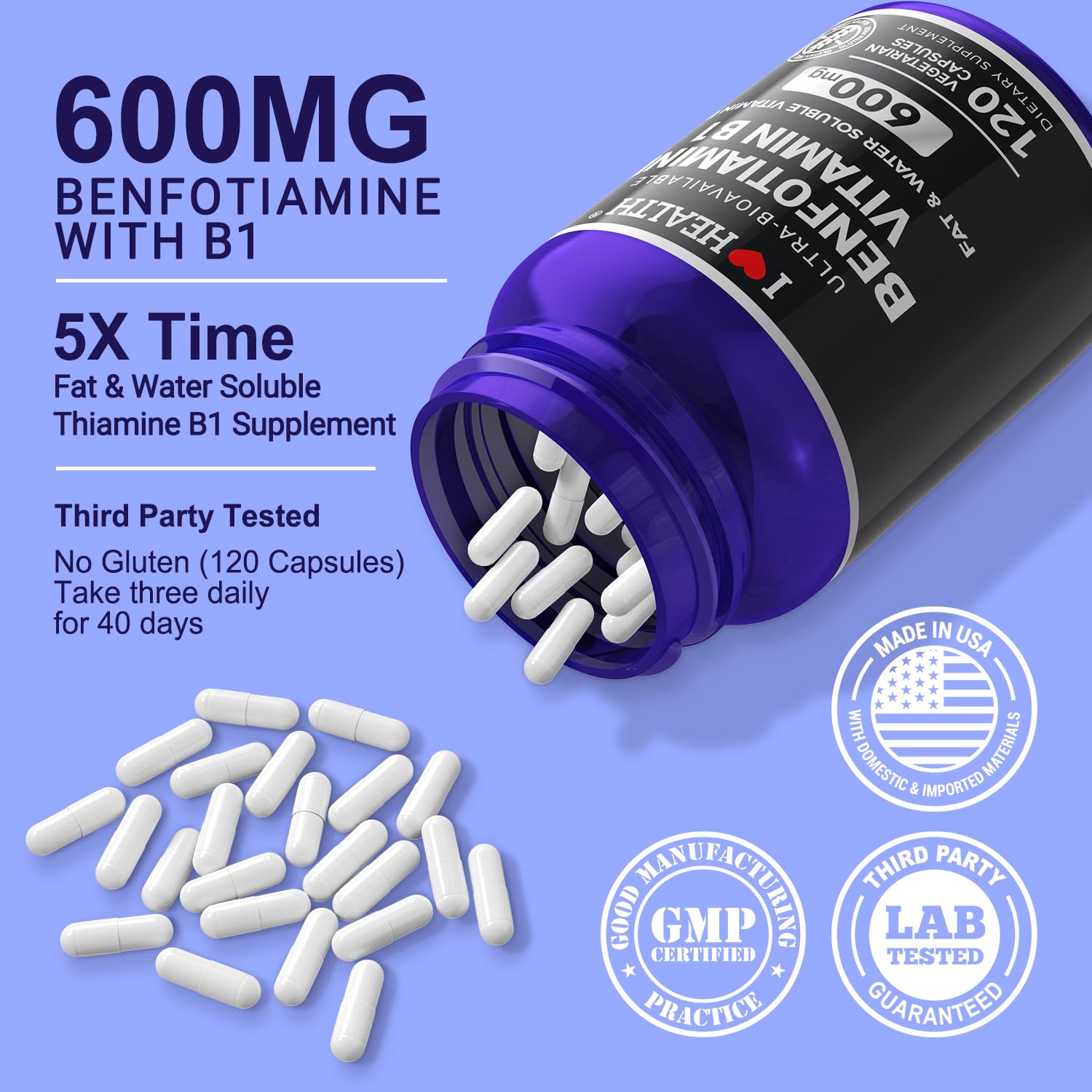 Benfotiamine 600mg + 20mg Vitamin B1 – 120 Veggie Capsules | Made in USA | 3rd-Party Tested
