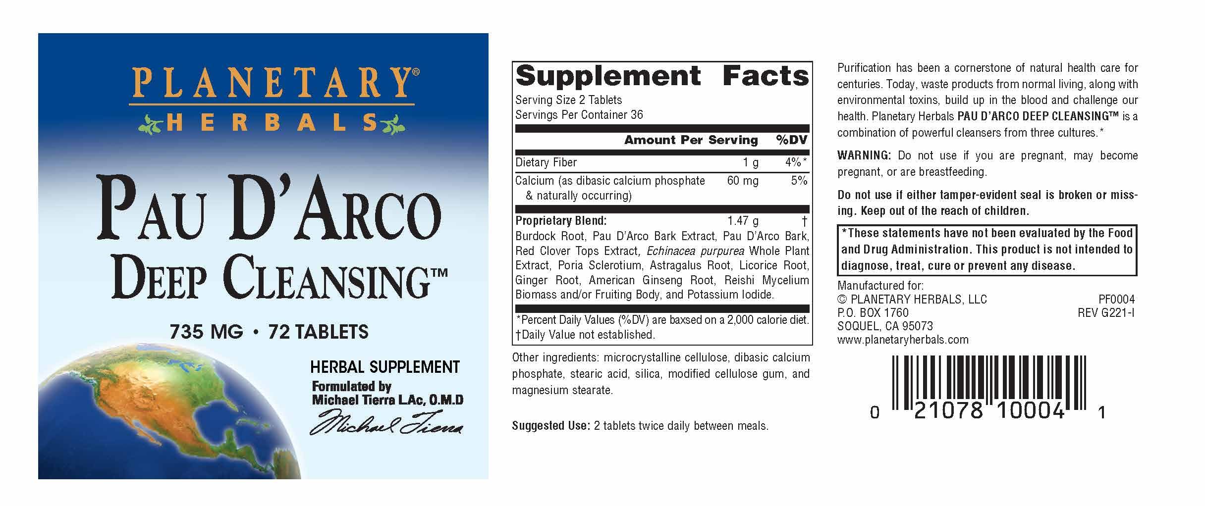 Planetary Herbals Pau D'Arco Deep Cleansing – 735 mg Herbal Supplement (72 Tablets)