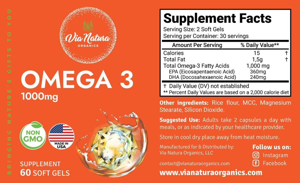 Via Natura Organics Omega 3 1000mg | EPA & DHA | 60 Softgels | Non-GMO