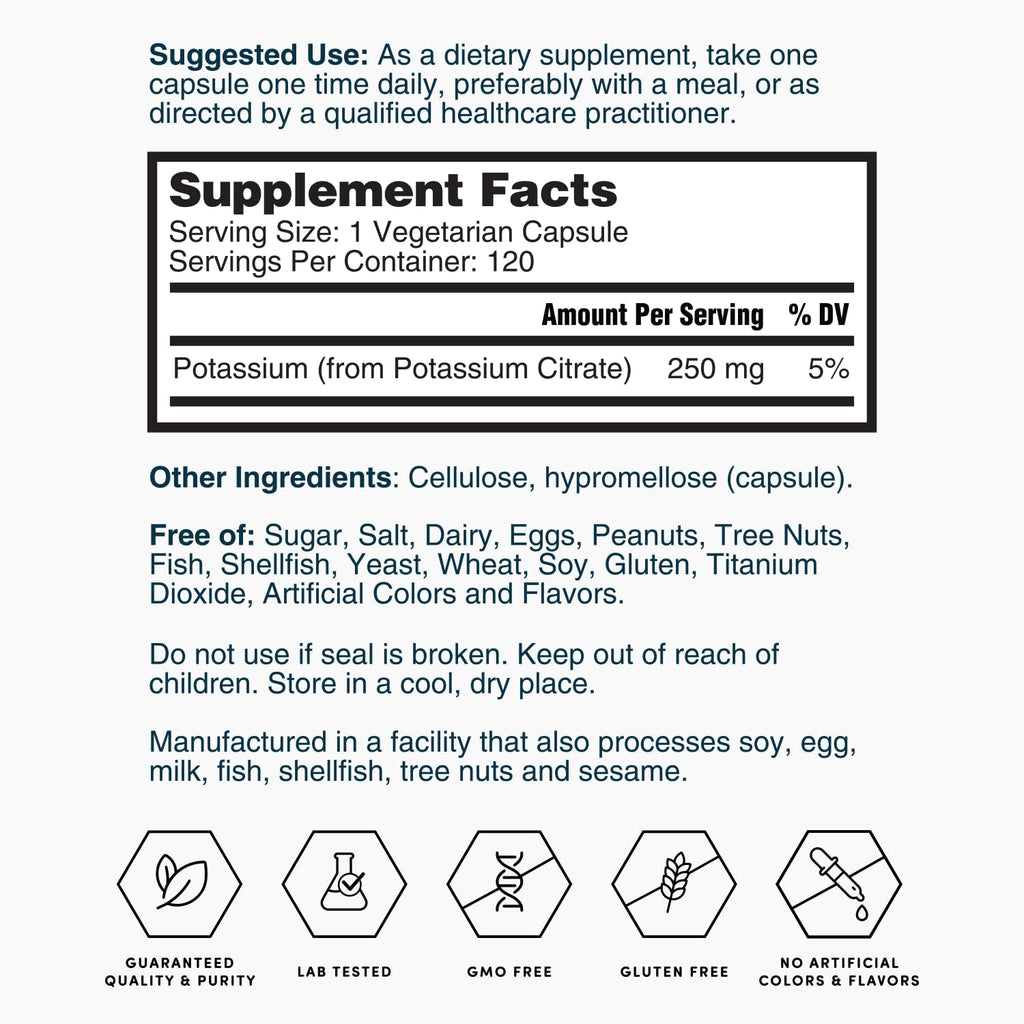 Nature's Lab Gold Potassium Citrate - Nerve, Muscle & Heart Health Support | 250mg Potassium Citrate, 120 Capsules (120 Day Supply)