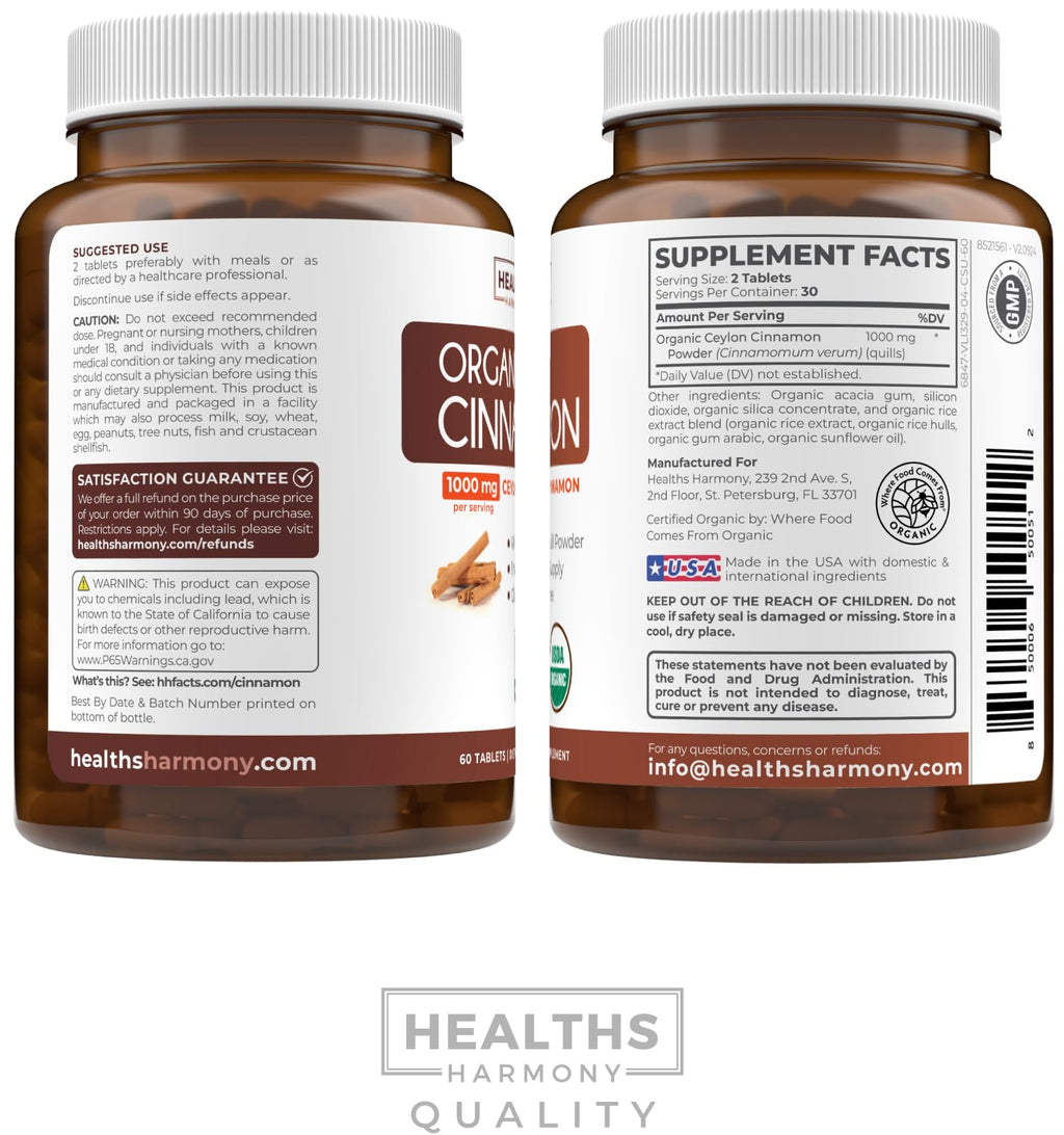 USDA Organic Ceylon Cinnamon Pills – 1000mg per Serving, Vegan & Non-GMO