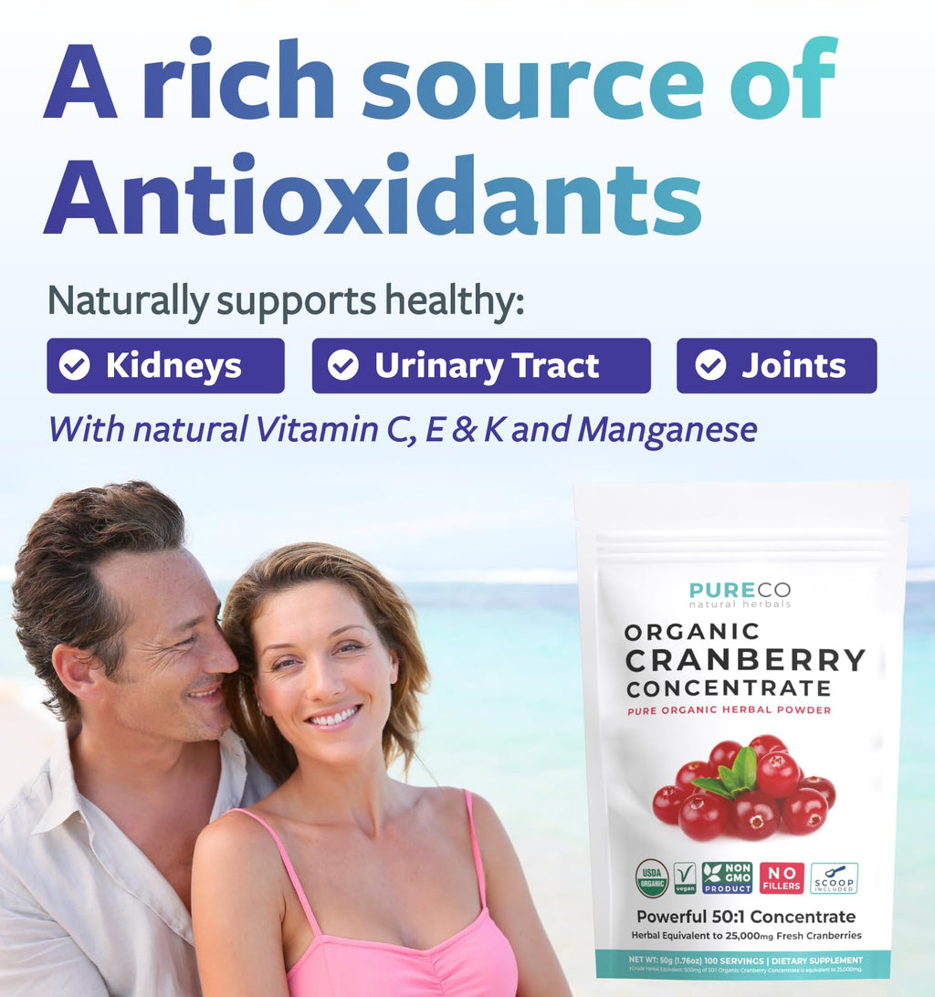 USDA Organic Cranberry Concentrate Powder (50:1) 500mg - 25,000mg Fresh Cranberries Equivalent | Kidney & Urinary Health | Women Supplement | 100 Servings