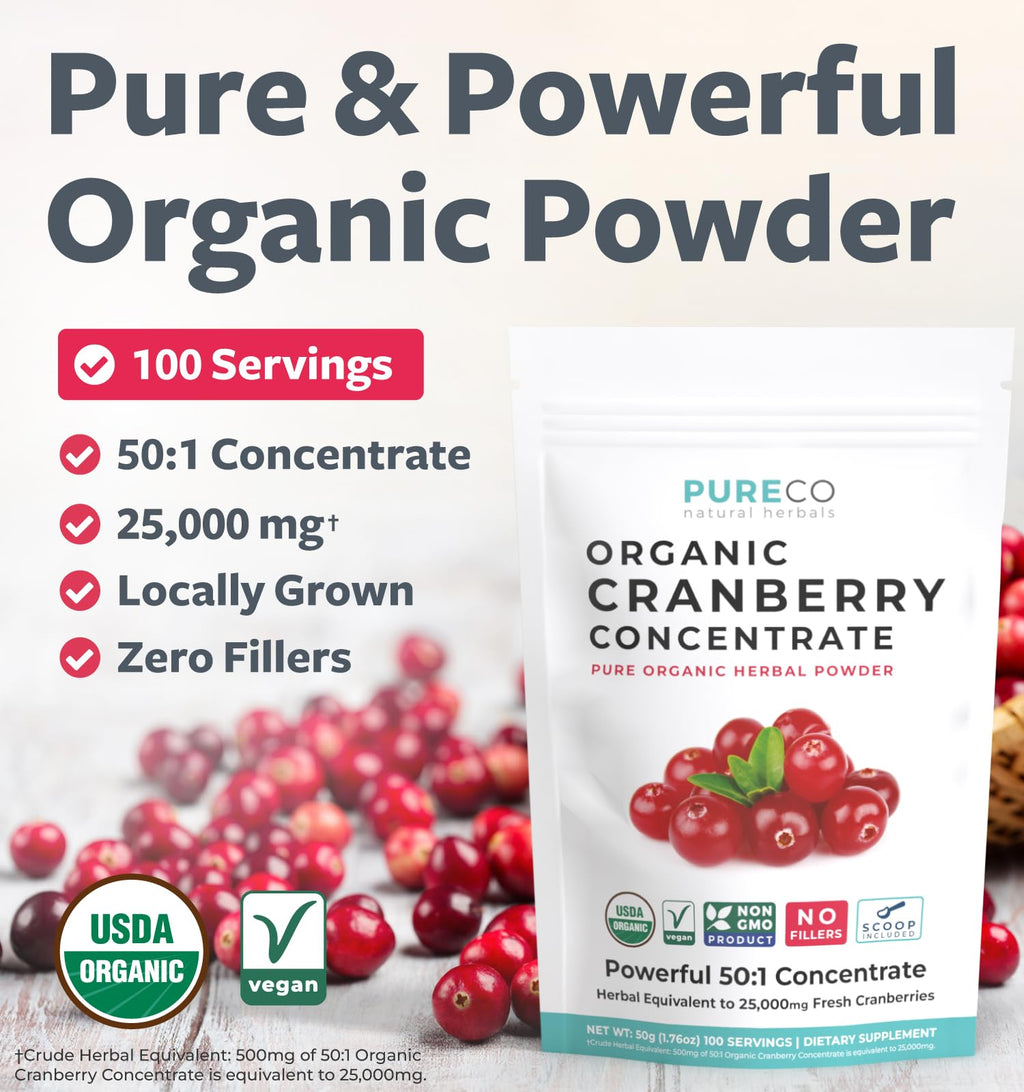 USDA Organic Cranberry Concentrate Powder (50:1) 500mg - 25,000mg Fresh Cranberries Equivalent | Kidney & Urinary Health | Women Supplement | 100 Servings