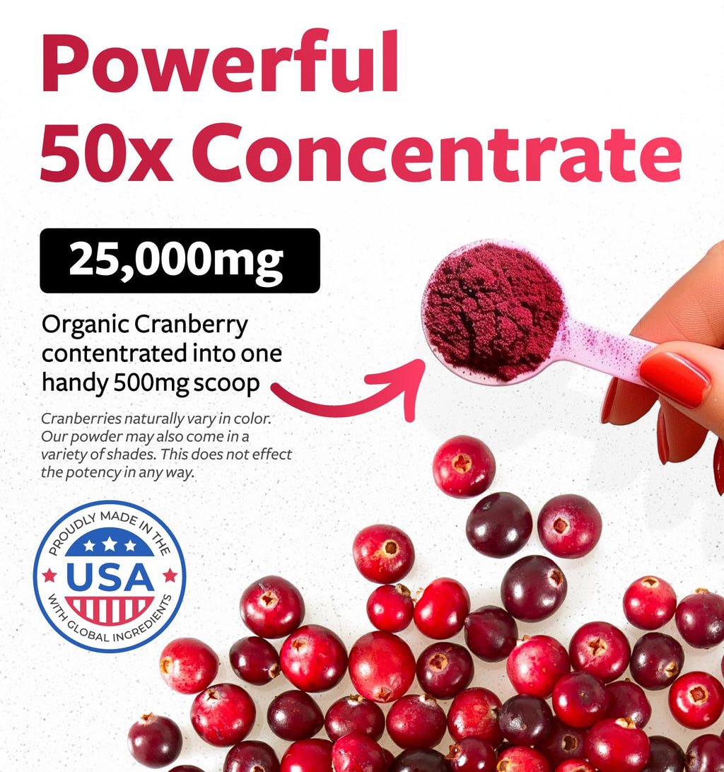 USDA Organic Cranberry Concentrate Powder (50:1) 500mg - 25,000mg Fresh Cranberries Equivalent | Kidney & Urinary Health | Women Supplement | 100 Servings