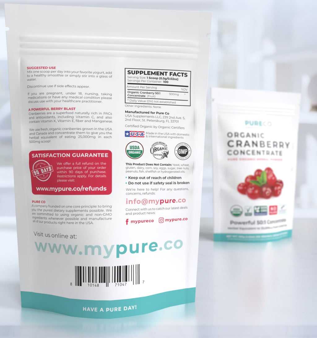 USDA Organic Cranberry Concentrate Powder (50:1) 500mg - 25,000mg Fresh Cranberries Equivalent | Kidney & Urinary Health | Women Supplement | 100 Servings