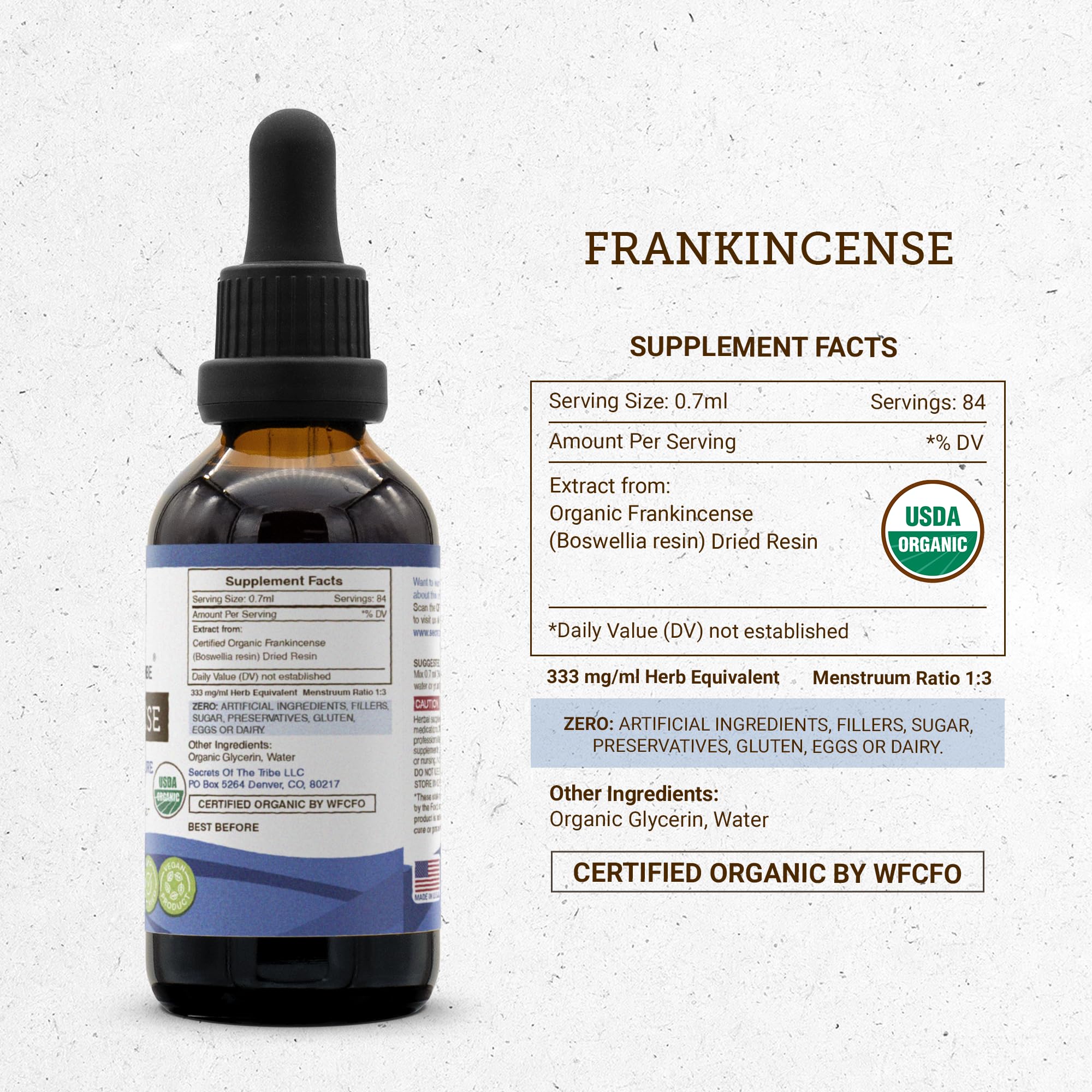 Secrets of the Tribe Frankincense USDA Organic Tincture Alcohol-Free Extract, Frankincense (Boswellia Serrata) Dried Resin 2 oz