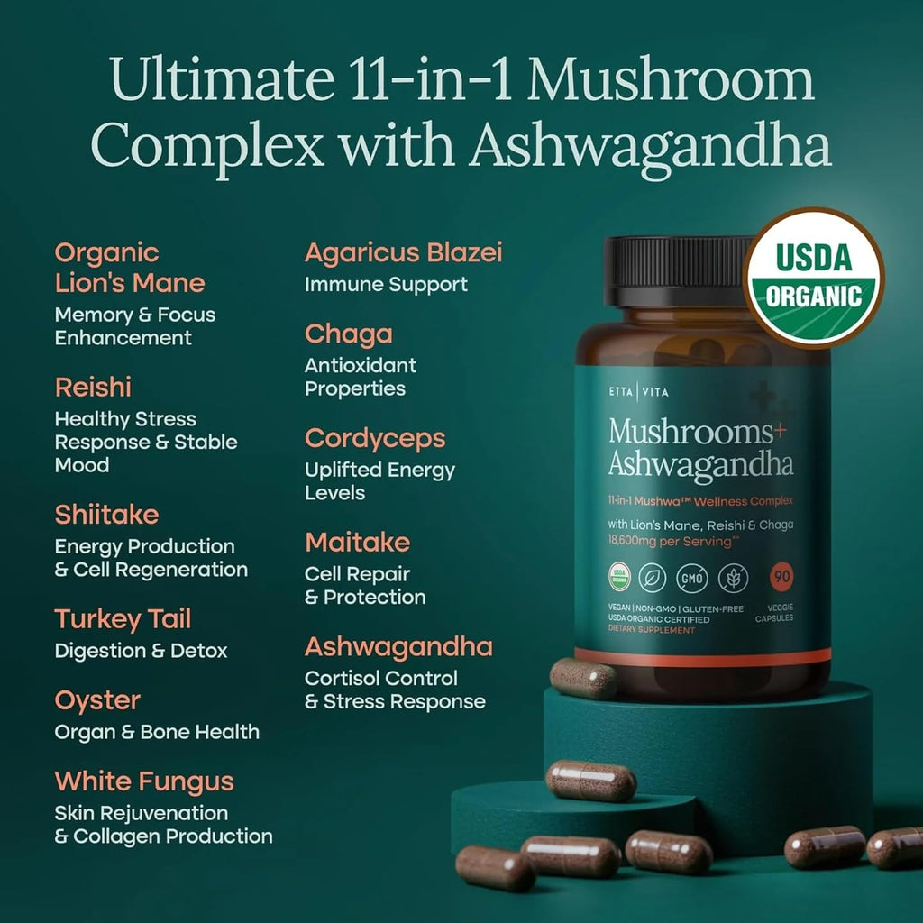 USDA Organic Lion's Mane + Ashwagandha: 10x Mushroom Complex (18,600mg/serv) for Focus & Immunity