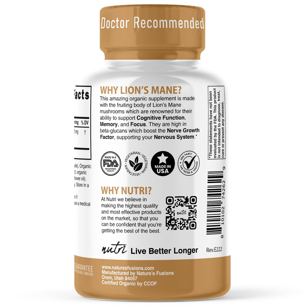 Nutri Organic Lion's Mane - 1900 mg, 120 Count, 10:1 Dual Extraction