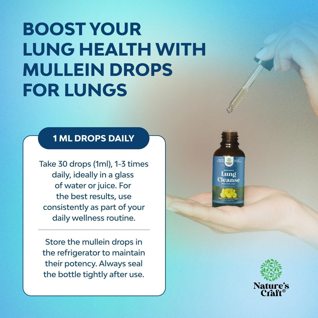 USDA Organic Mullein Drops for Lungs - Breathing Support & Lung Detox (120ml)