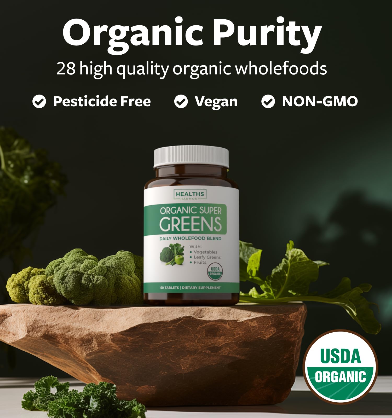 USDA Organic Super Greens – 28-Item Veggie & Fruit Complex, Vegan & Non-GMO