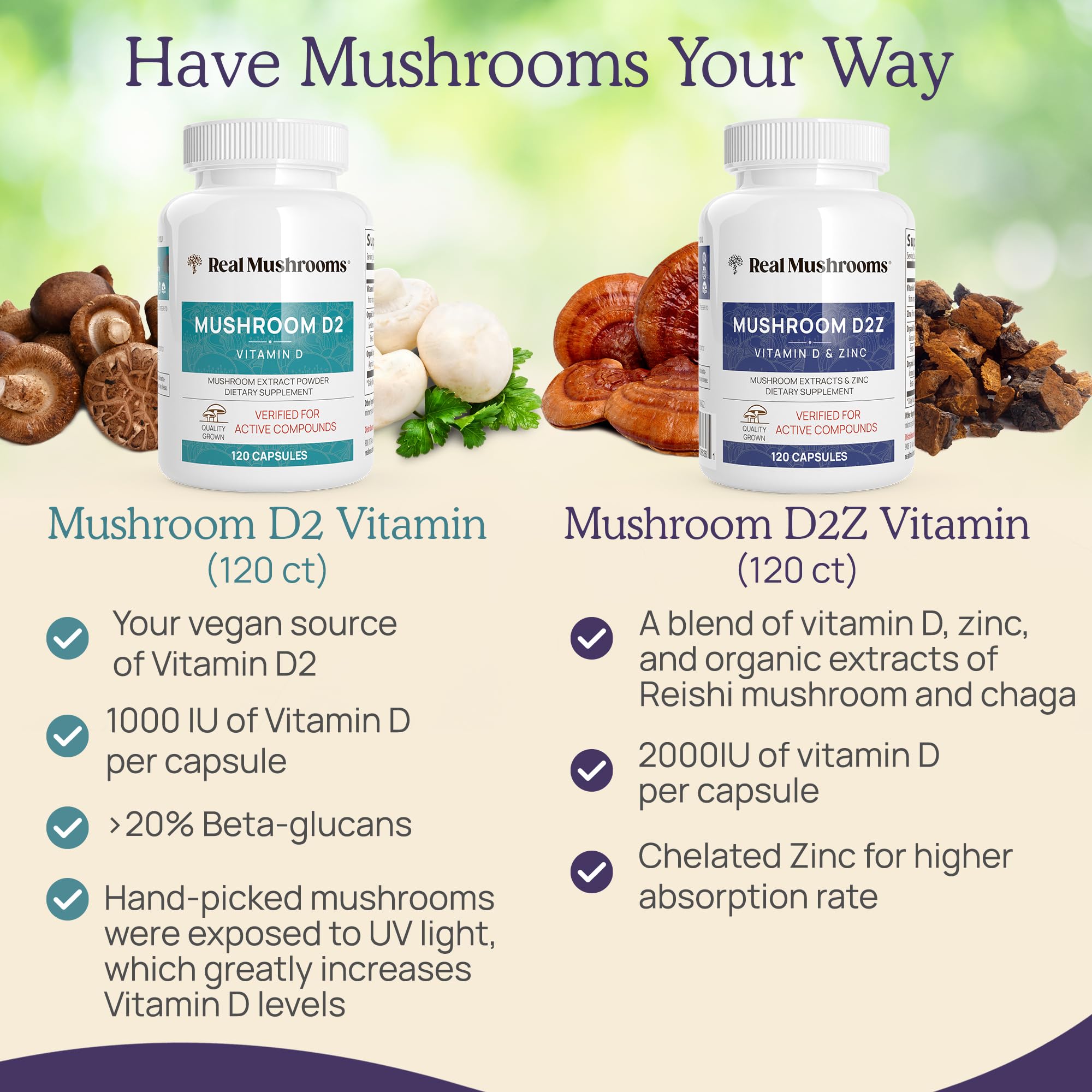 Real Mushrooms Zinc & Vitamin D2 Capsules – Organic Reishi & Chaga – Vegan, Non-GMO, Gluten-Free – 120 Count