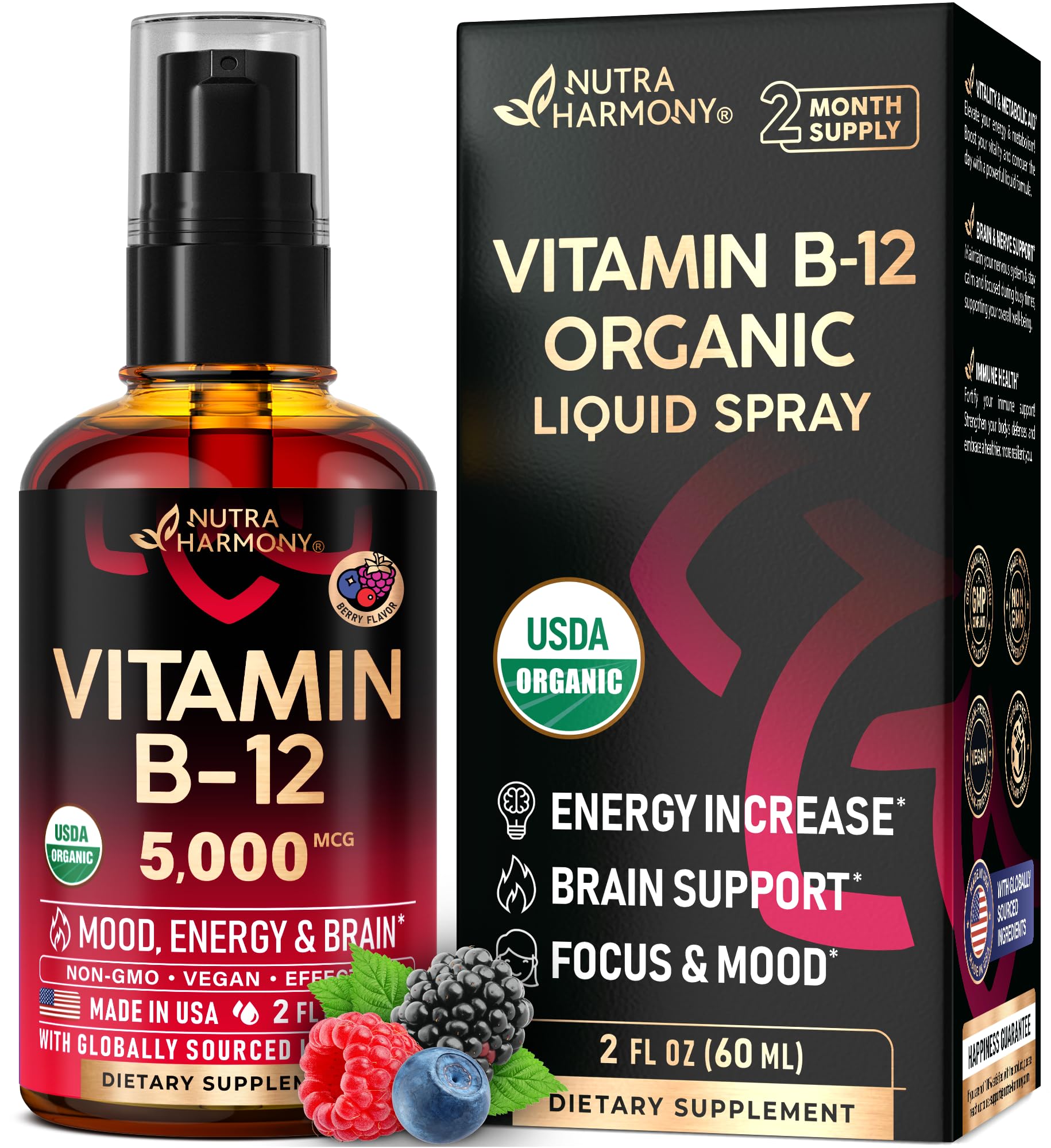 USDA Organic Vitamin B12 Sublingual Spray 5000 mcg - Vegan Methylcobalamin | 2 fl oz | 2 Month Supply