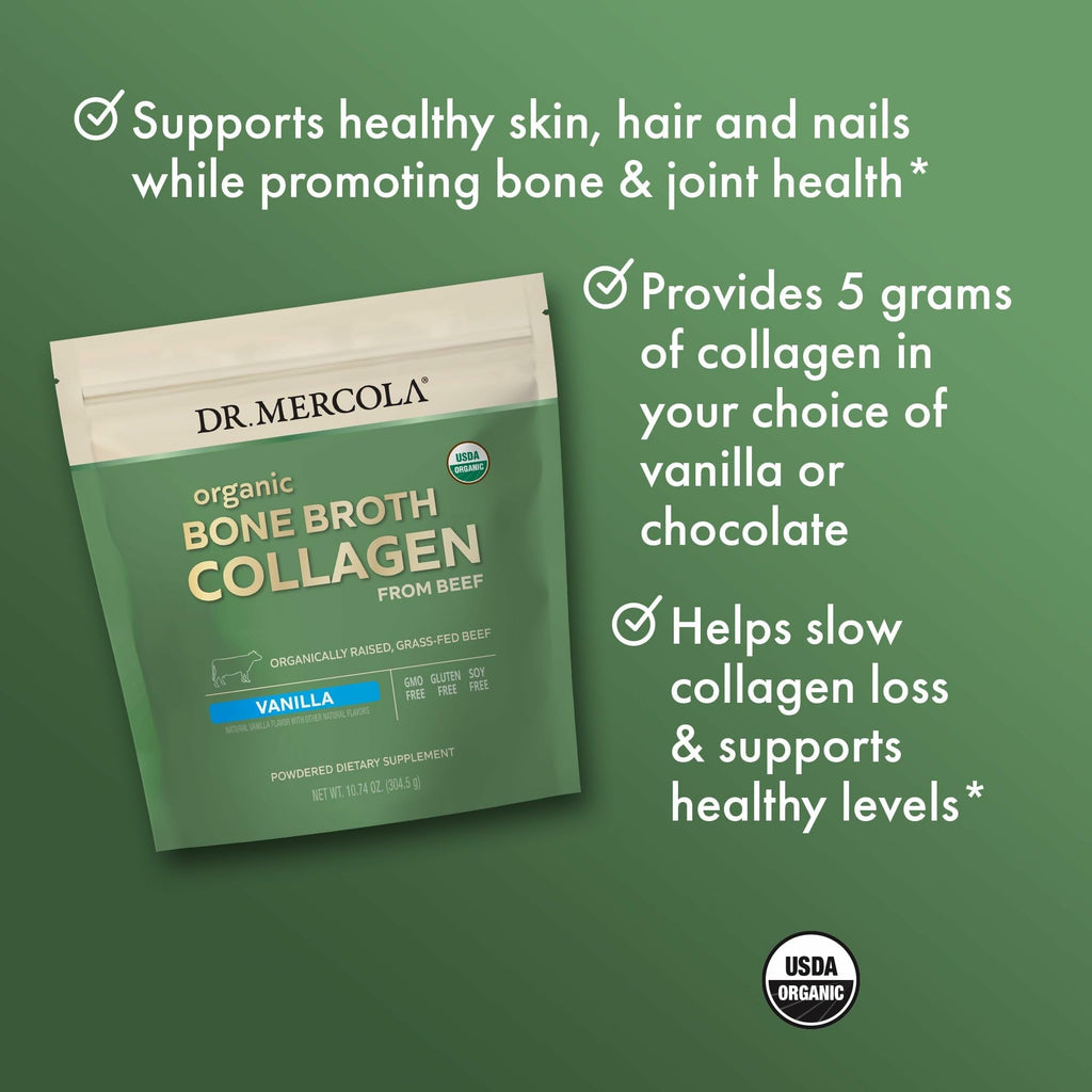 Dr. Mercola Organic Bone Broth Collagen Powder – Supports Bone Health & Muscle Growth | USDA Organic, Non-GMO, Gluten-Free & Dairy-Free – Vanilla