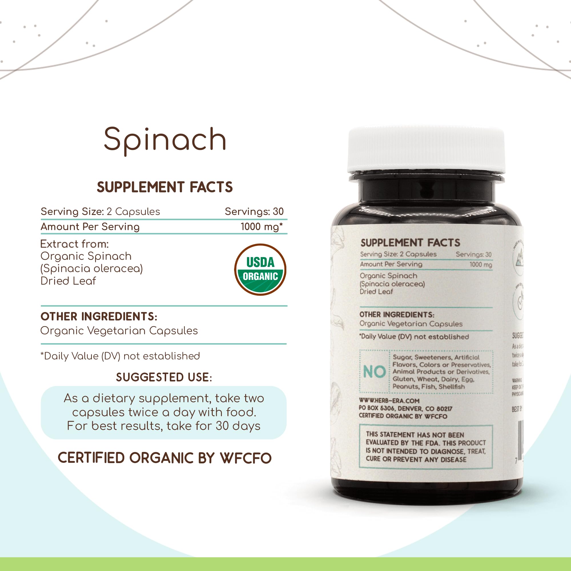 HerbEra Spinach USDA Organic 60 Capsules | Natural Herbal Supplement | Certified Organic Spinach (Spinacia oleracea) Dried Leaf