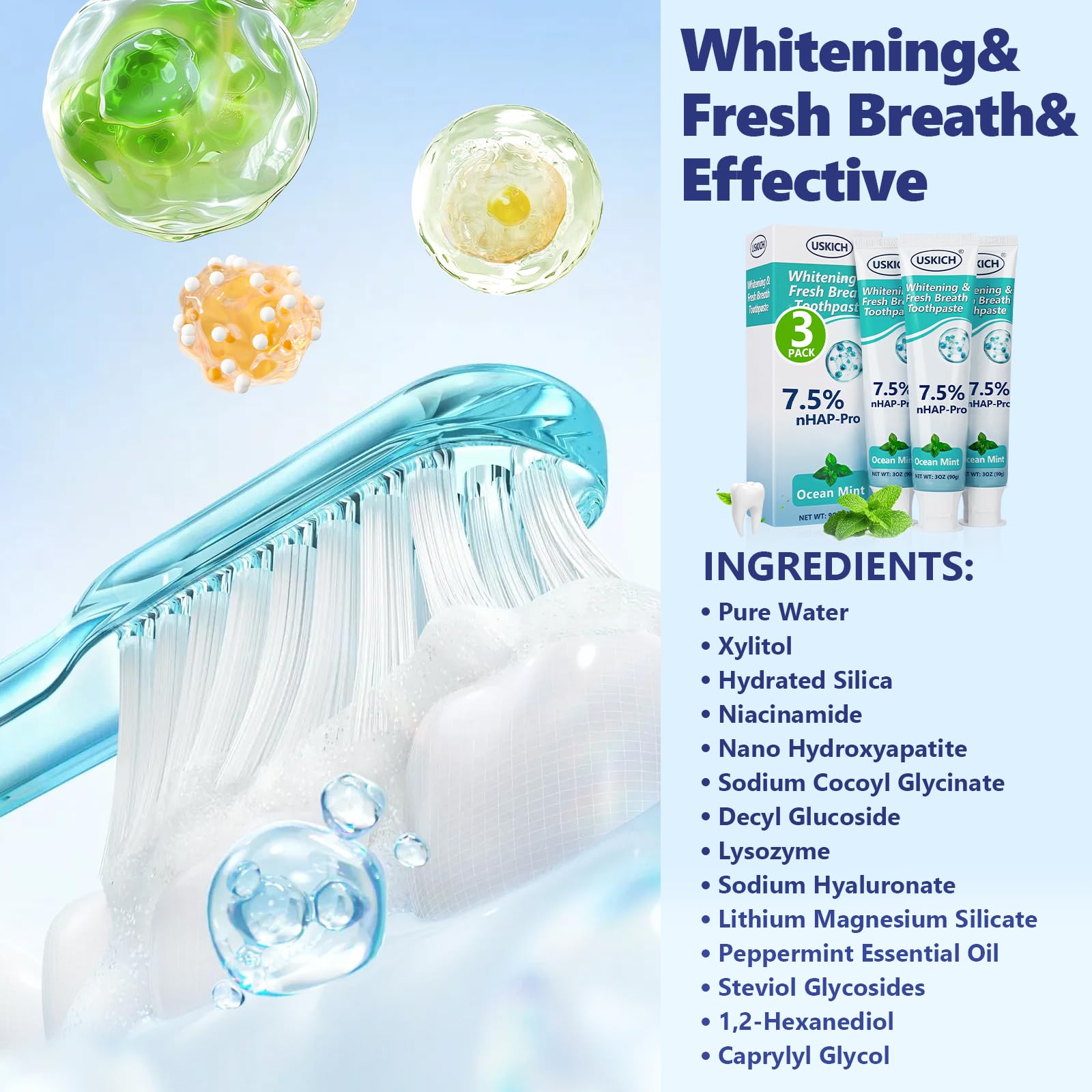 3 Pack Niacinamide Whitening Toothpaste – Nano Hydroxyapatite, Ocean Mint, 3oz Tubes for Sensitive Teeth