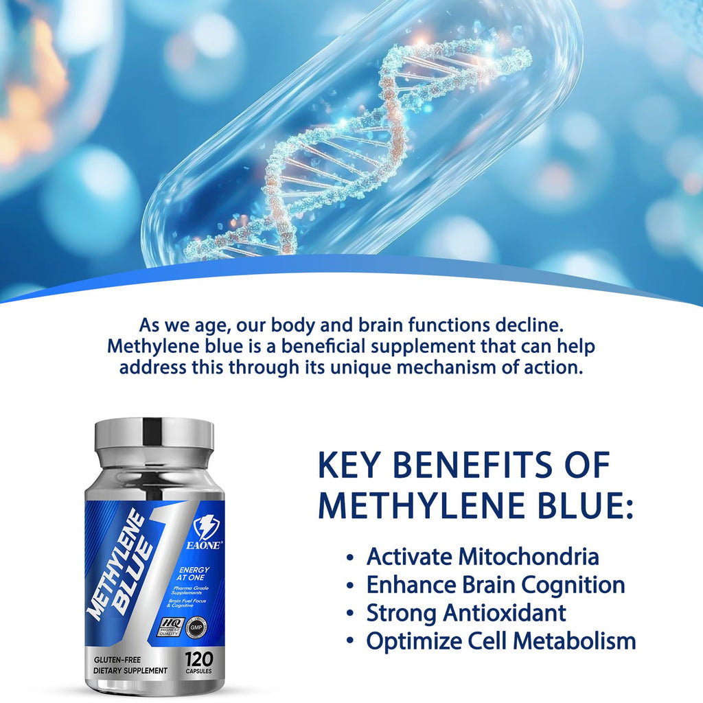 Methylene Blue USP Grade Brain Supplement with Vitamin C Ester – EAONE (120 Capsules)