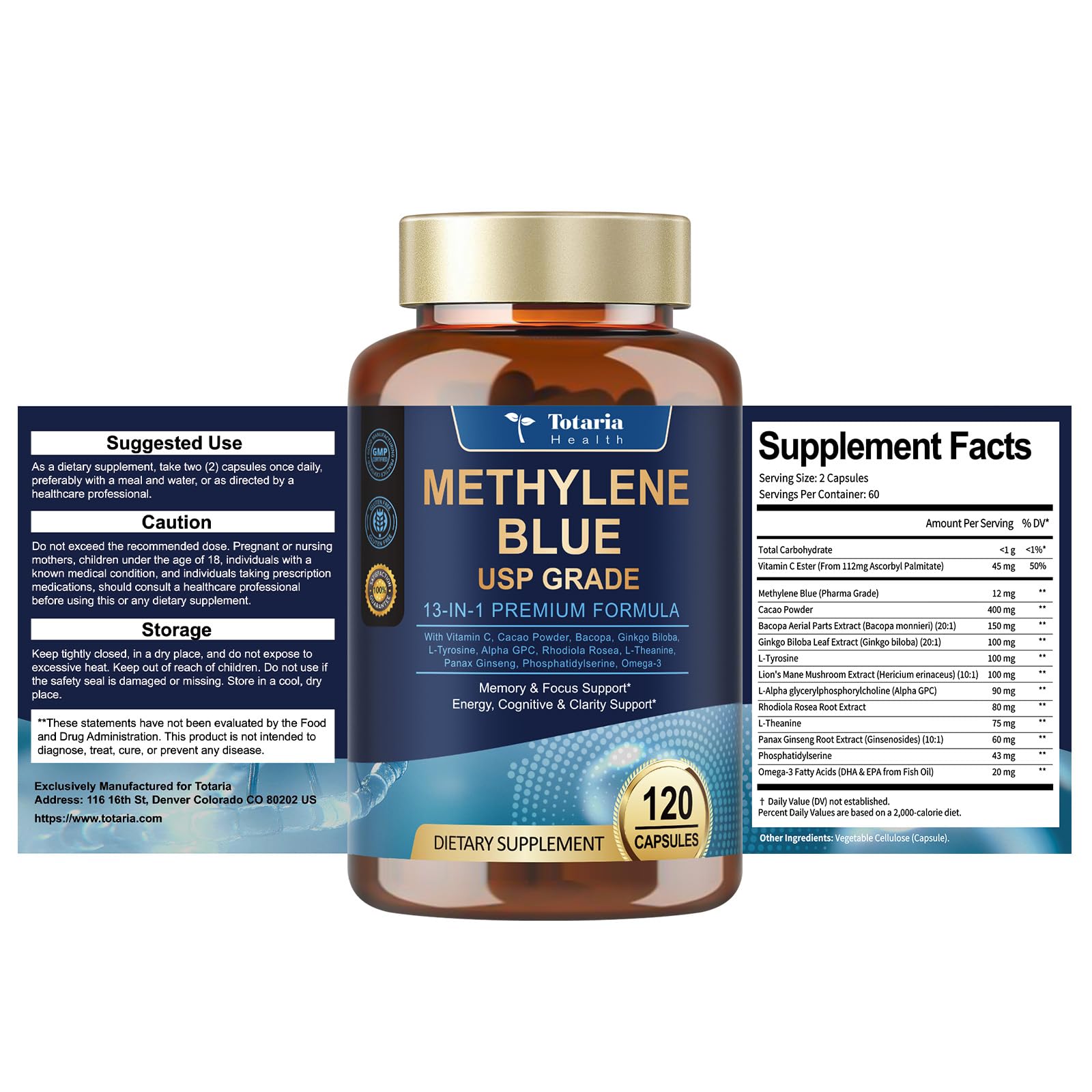 USP Methylene Blue Pharmaceutical Grade 13-in-1 Brain Formula with Vitamin C Ester, Bacopa, Phosphatidylserine, Omega-3 - 120 Count