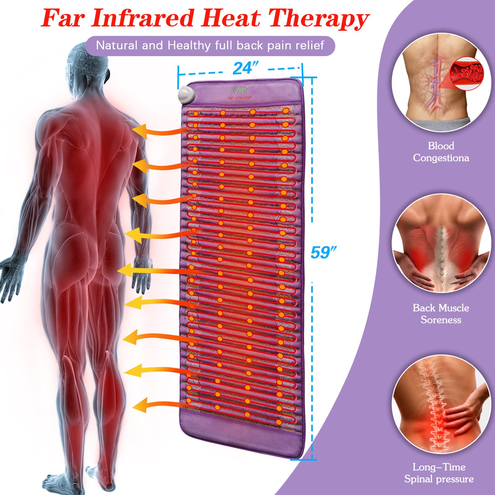 UTK 60x24 Amethyst Infrared Heating Pad – Full-Body Heat, 159°F, Auto-Off, 16 Timers, FSA/HSA Eligible