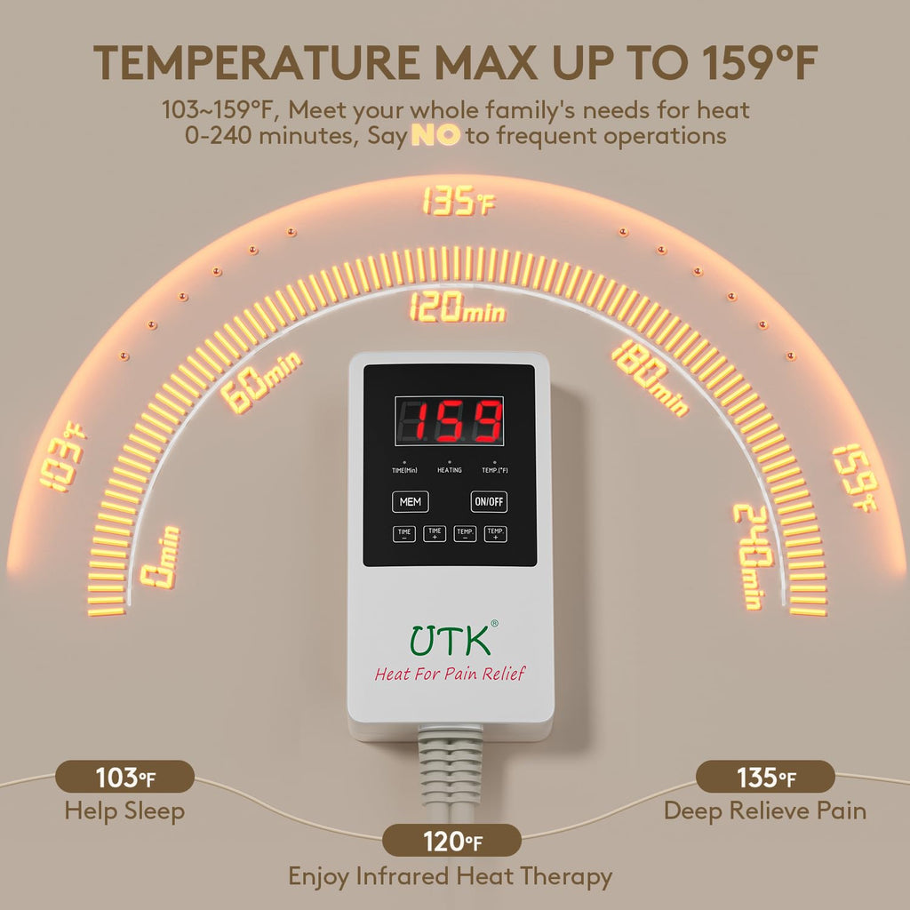 UTK Heating Pad for Back – Deep Infrared Therapy with Jade & Tourmaline (Up to 159°F, 23.5 x 16 in)