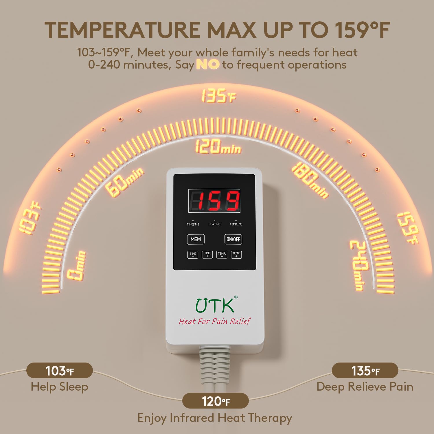 UTK Heating Pad for Back – Deep Infrared Therapy with Jade & Tourmaline (Up to 159°F, 23.5 x 16 in)