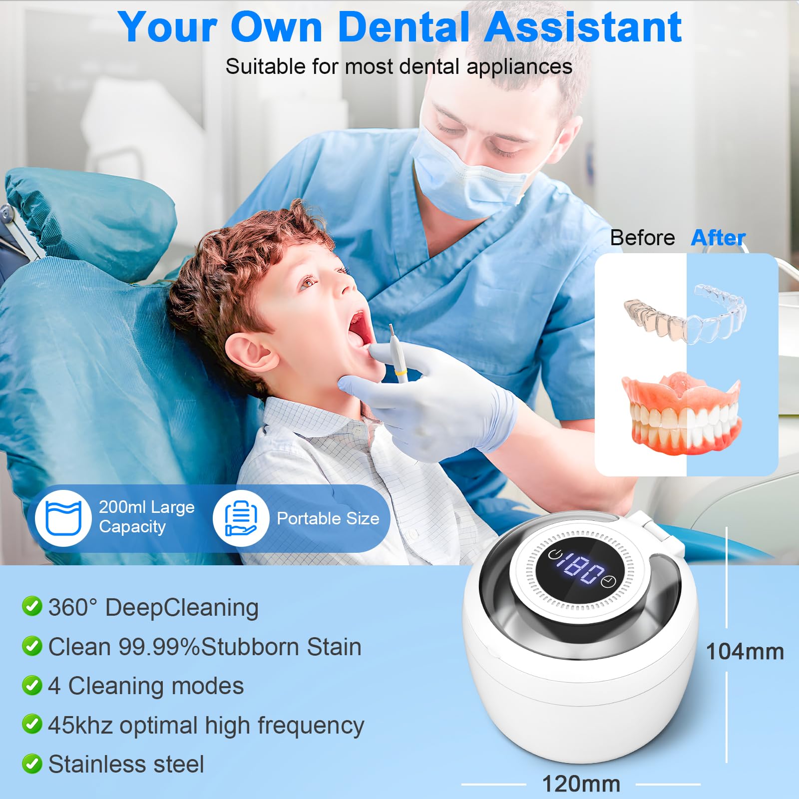 45kHz Ultrasonic Retainer Cleaner - 200ml, 4 Modes, Digital Timer