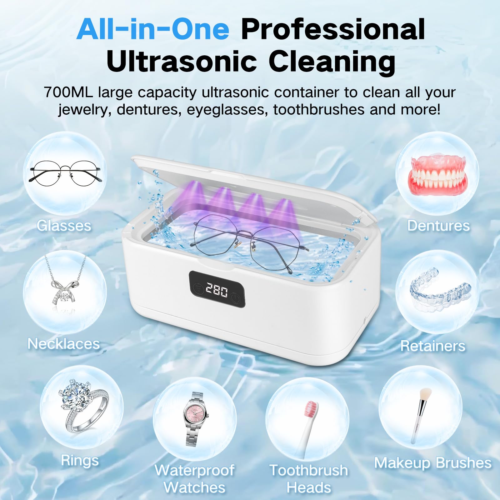 49kHz Ultrasonic Jewelry Cleaner – All-in-One Cleaner for Jewelry & Dentures