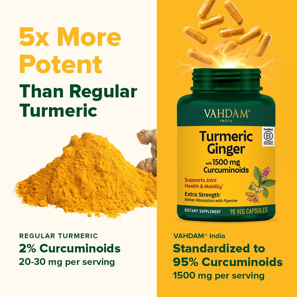 VAHDAM Turmeric Ginger 1900mg – 1500mg Curcuminoids, Black Pepper, 90 Capsules (Pack of 2)