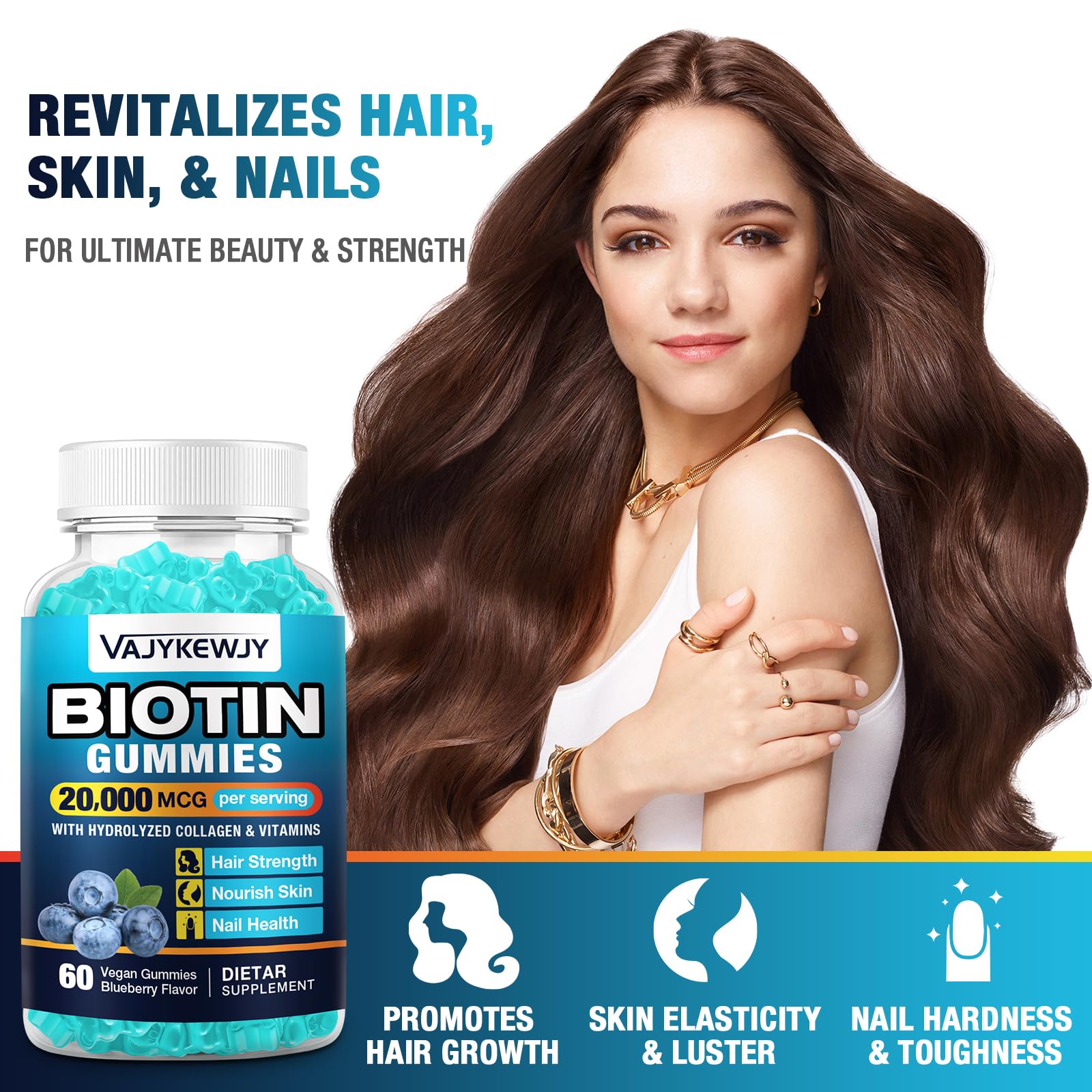 VAJYKEWJY 2 Pack Vegan Biotin Gummies – 20,000 mcg per Serving, Hair Skin Nails | 120 Gummies